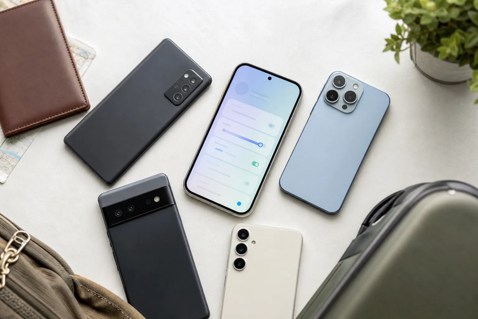 Several modern smartphones laid out beside a passport, showing the range of eSIM compatible phones a traveller can choose from.