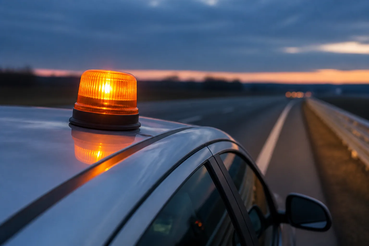 An amber emergency beacon glowing on the roof of a car stopped on a motorway hard shoulder at dusk, the device that replaced warning triangles under Spain's V16 rule.