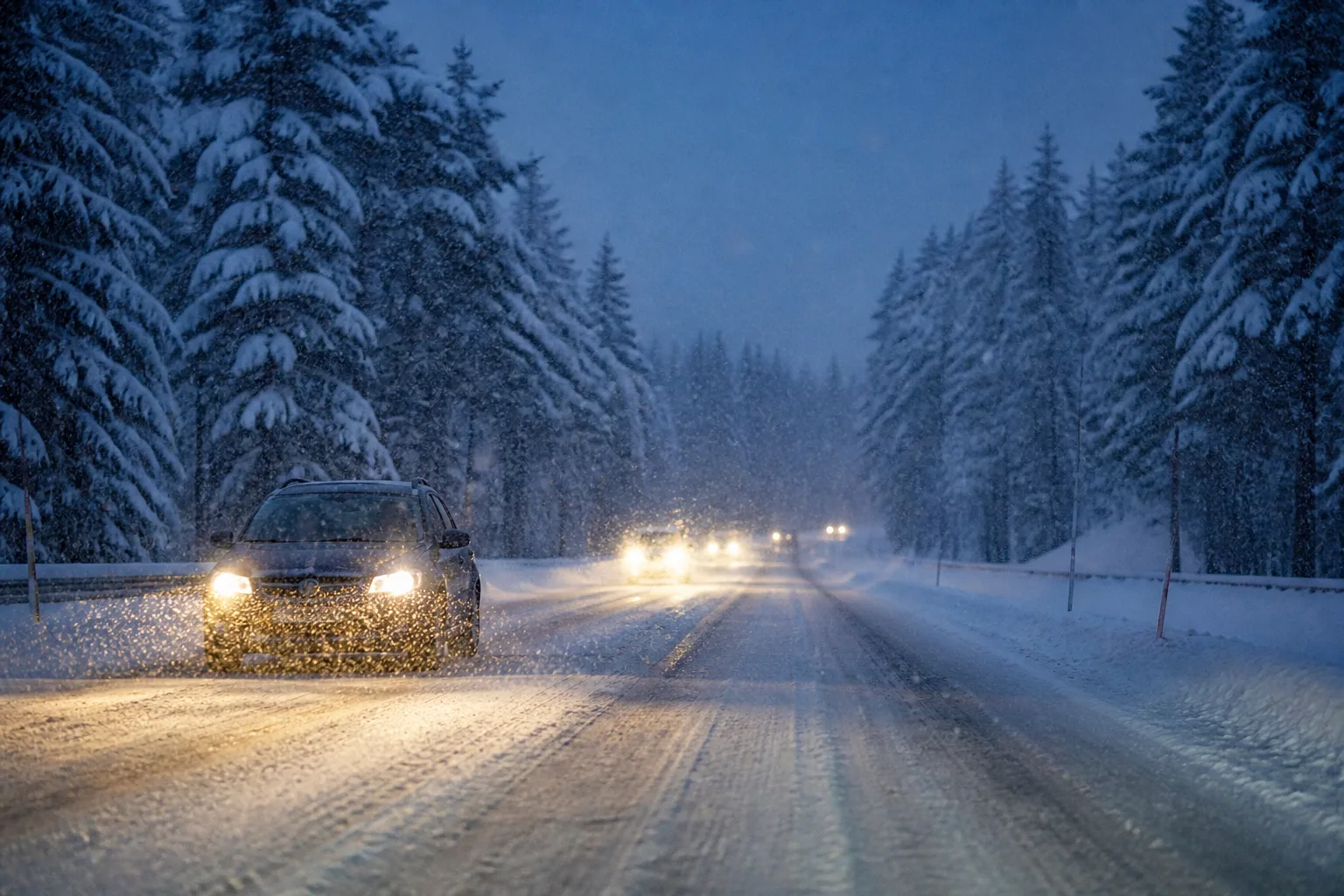 A Finnish forest highway at dusk with snow falling through headlight beams.