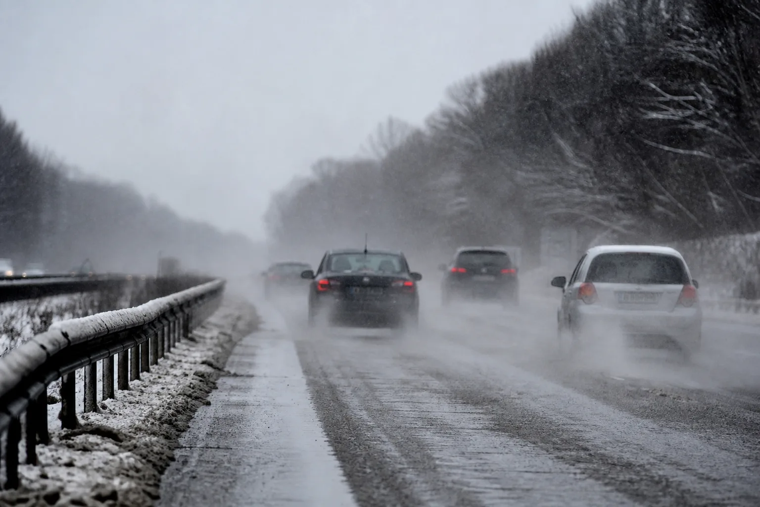 A German autobahn in winter slush with spray rising from passing traffic.