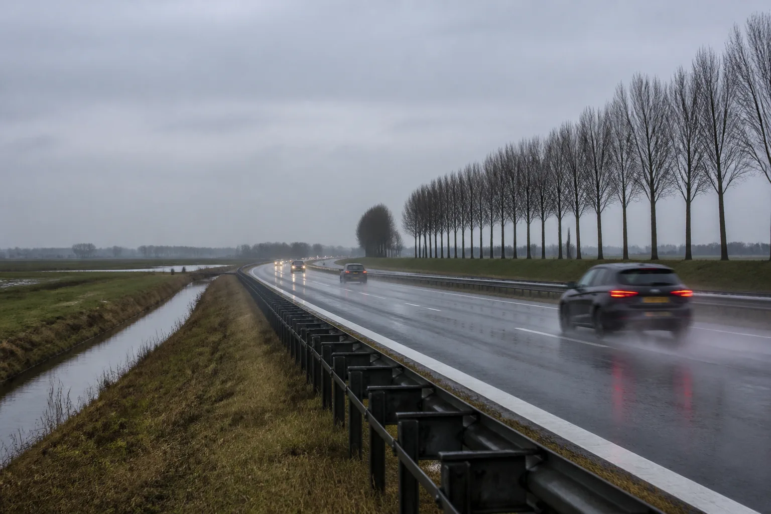 A Dutch polder motorway in cold wet weather with flat fields and bare poplars.