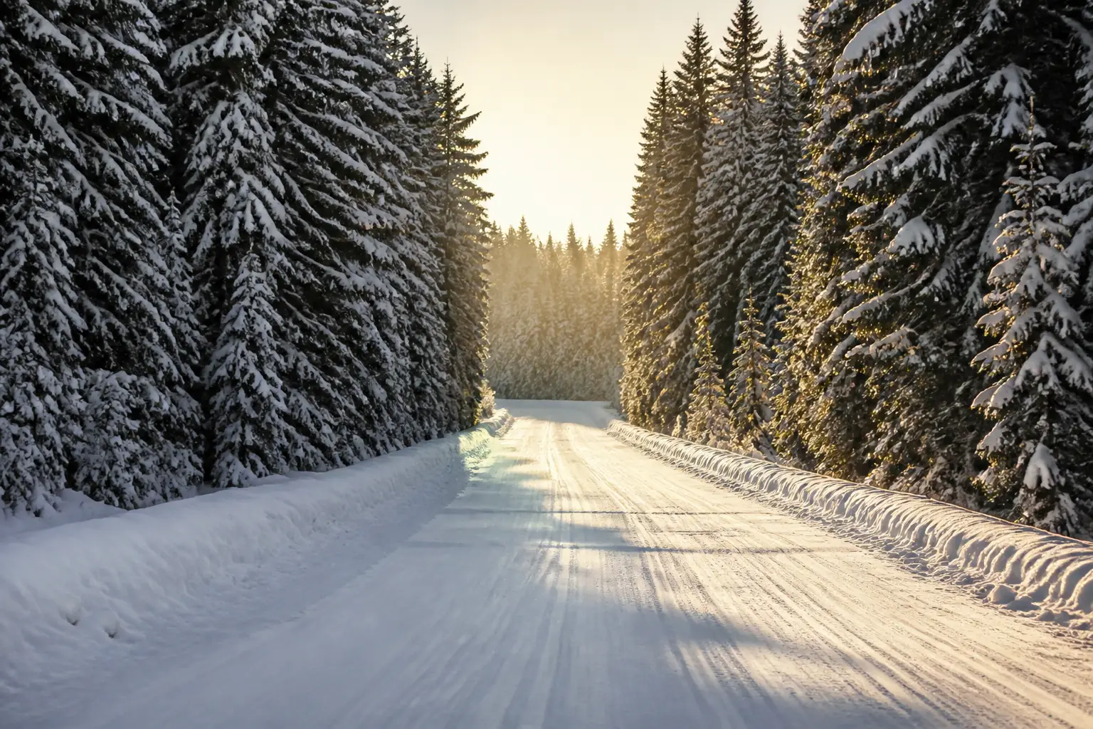 A straight Swedish forest road under deep snow in low winter sun.