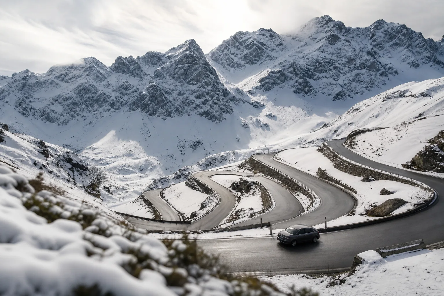 A Swiss mountain pass with stacked hairpin bends in fresh snow.