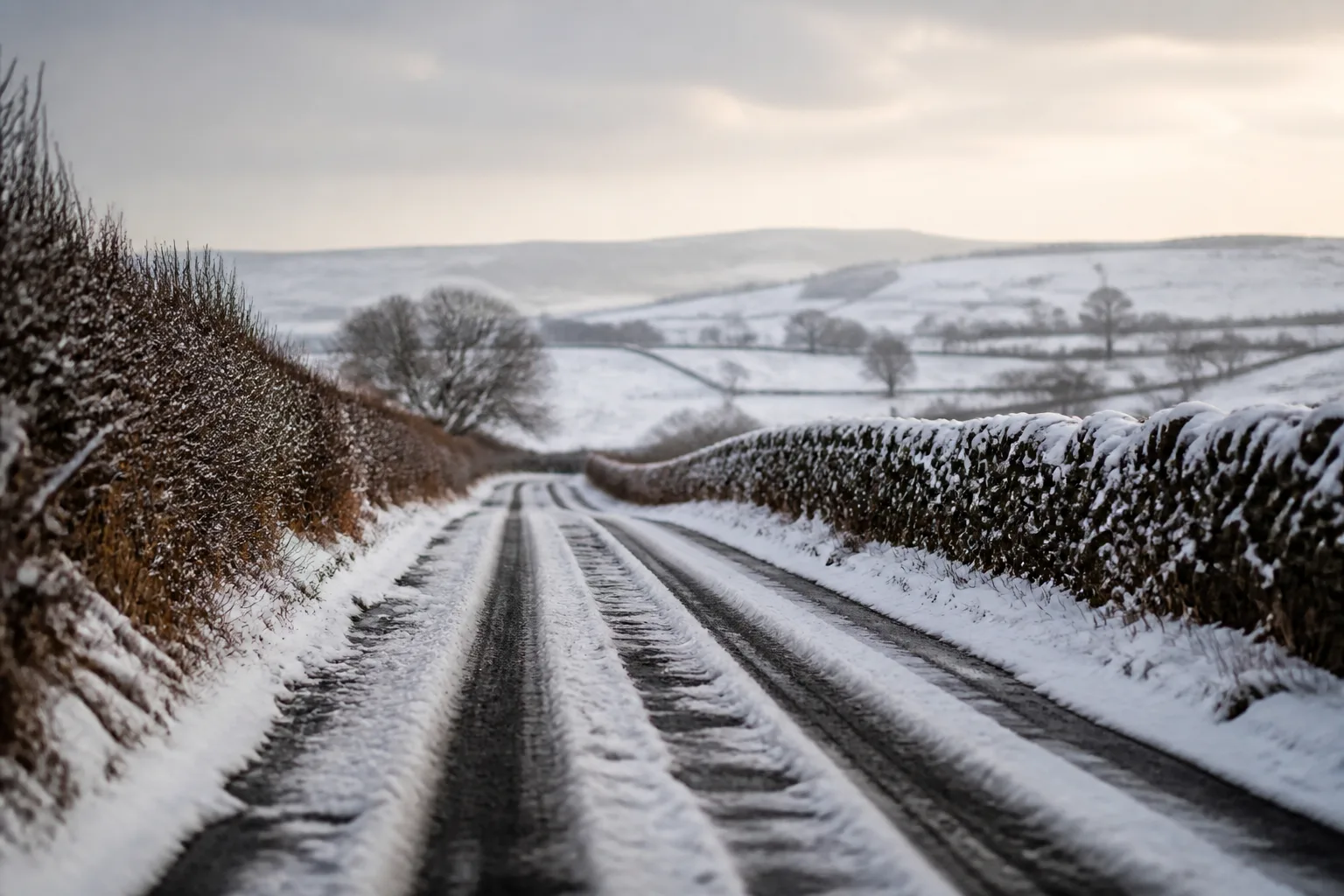 A narrow British country road after snowfall between bare hedgerows and drystone walls.