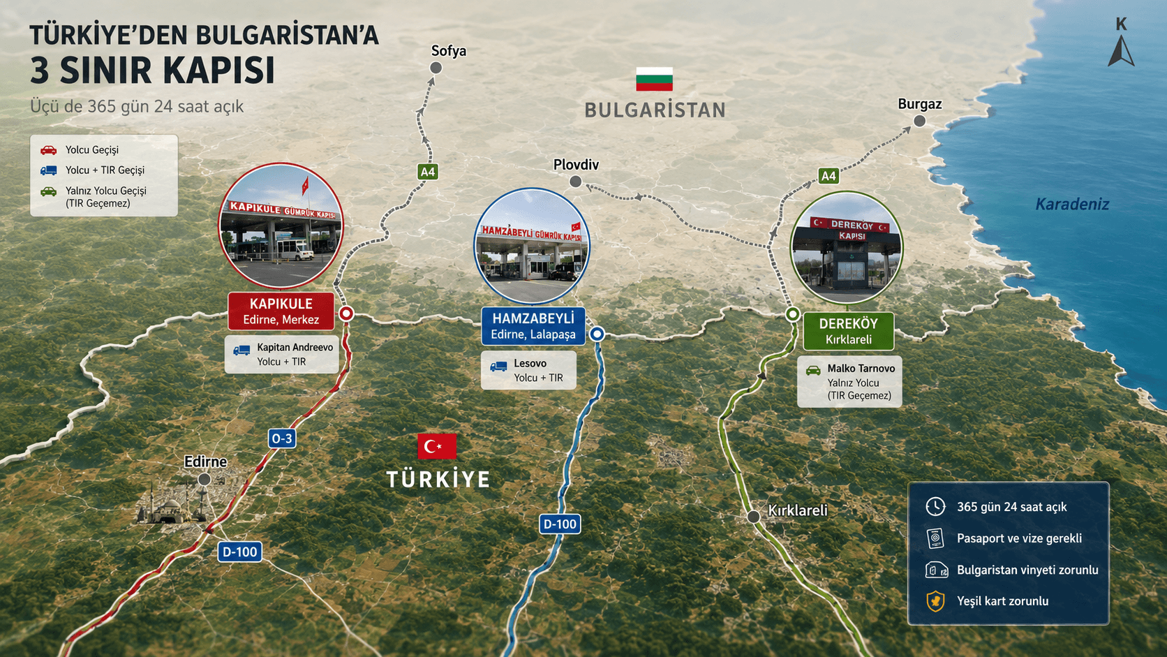Türkiye’den Bulgaristan’a açılan Kapıkule, Hamzabeyli ve Dereköy sınır kapılarını, Bulgaristan tarafındaki karşılıkları ve rota yönlerini gösteren harita infografiği.