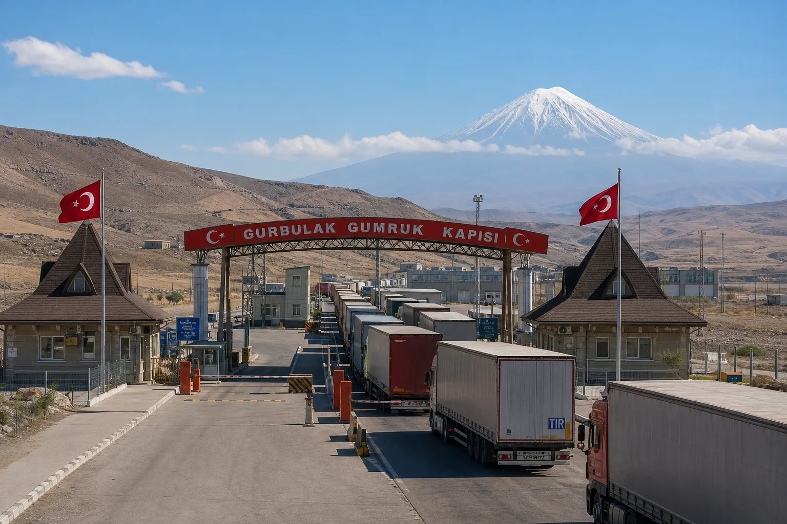 Uzakta Ağrı Dağı'nın karlı zirvesiyle, İran sınırındaki Gürbulak Gümrük Kapısı ve barikatta bekleyen tırlar.