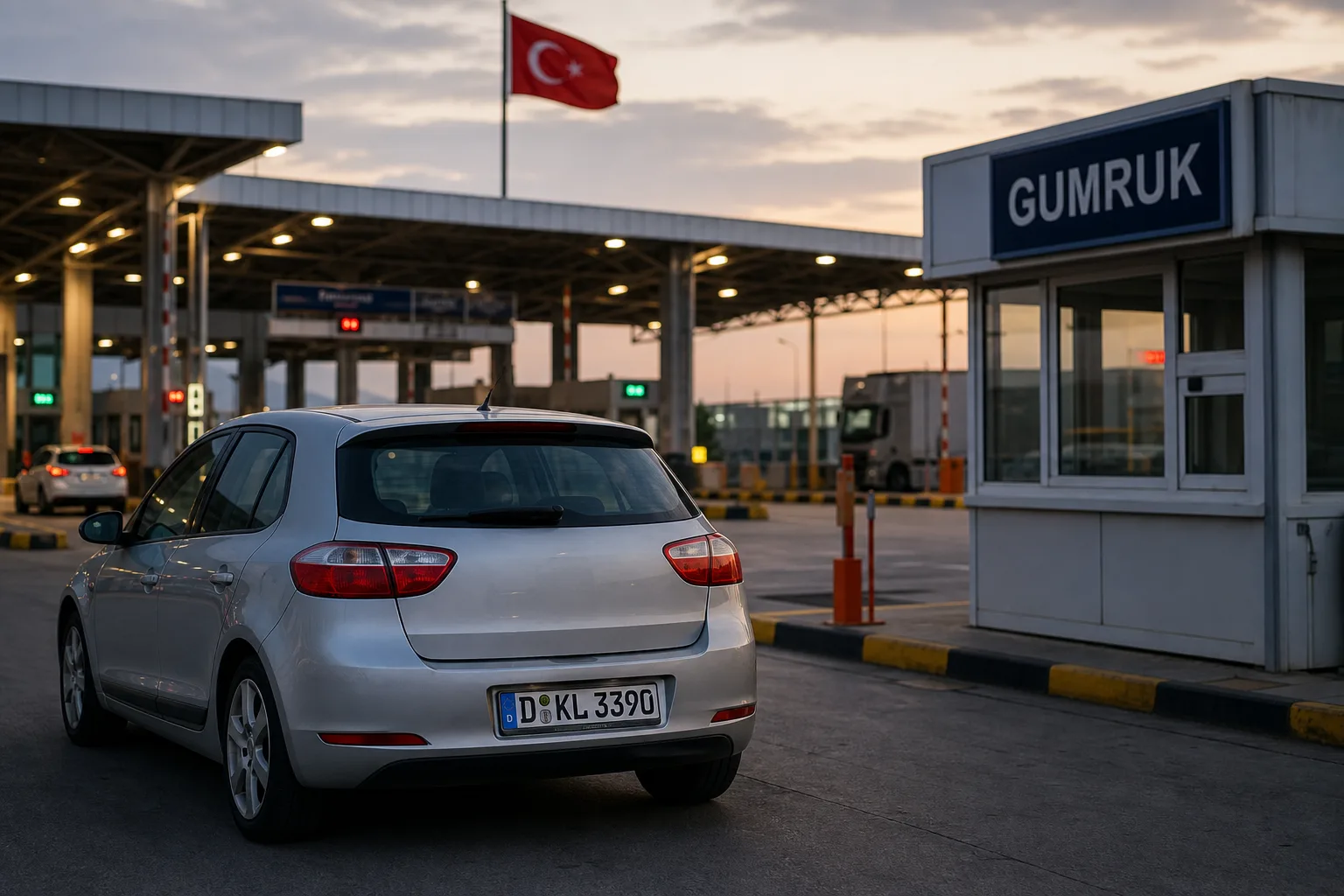 Gün batımında Türk gümrük sahasında, çıkış şeritlerinin yanında park etmiş yabancı plakalı bir araç.