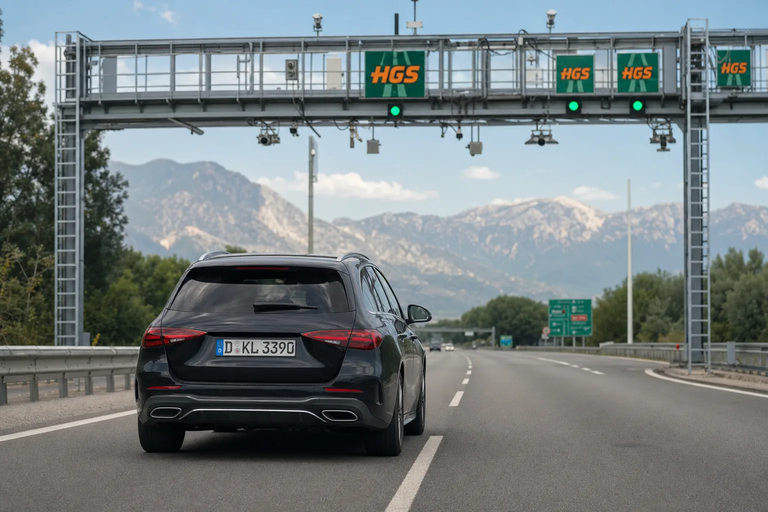 Yabancı plakalı bir aracın otoyoldaki elektronik HGS geçiş köprüsünün altından geçmesi.
