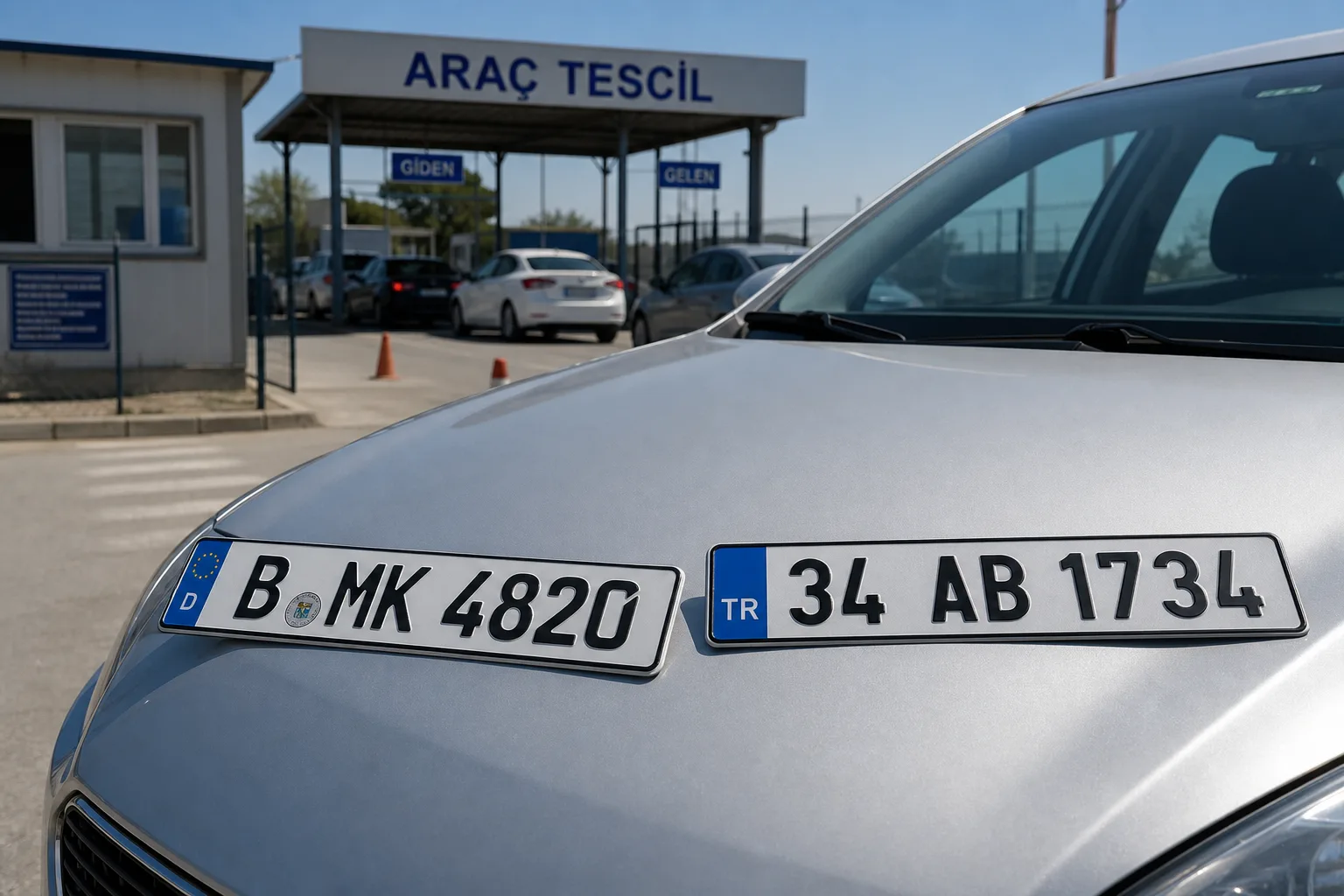 Bir aracın kaputunda yan yana duran, biri yabancı biri Türk tipi iki plaka; plaka değişimini simgeliyor.