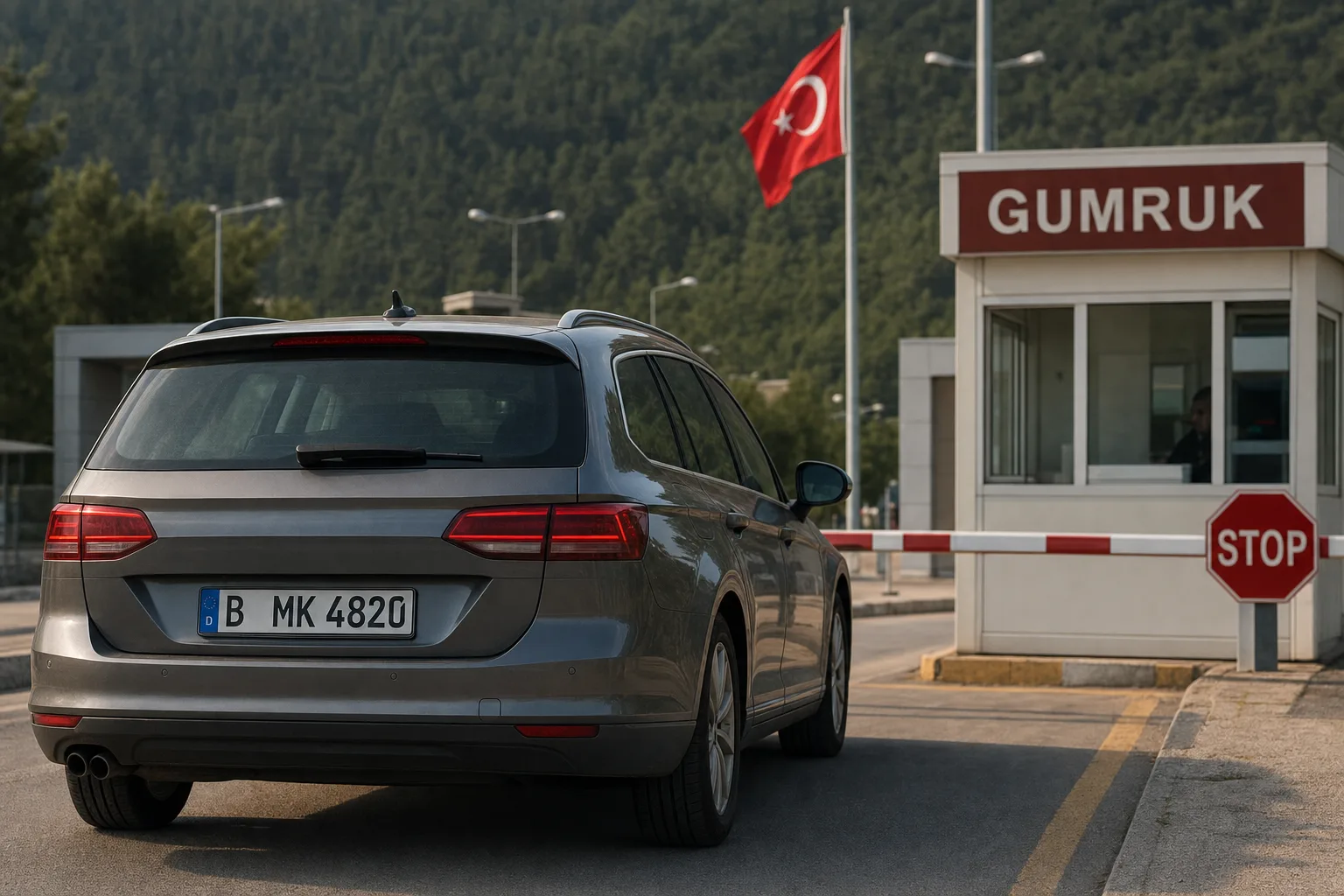 Yurt dışından getirilen yabancı plakalı bir aracın Türk gümrük kapısındaki denetim şeritlerinde beklemesi; arkada Türk bayrağı.