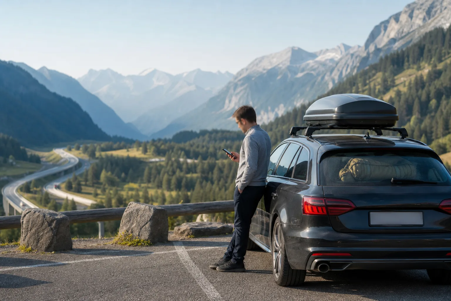 Autofahrer prüft an einer Raststätte über einer Alpenautobahn sein Smartphone – die eSIM fürs Ausland ist vor der Weiterfahrt eingerichtet.