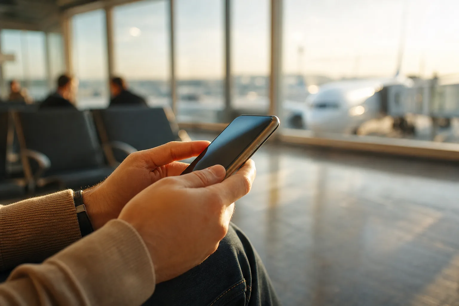 Reisende Hände halten ein modernes Smartphone im Flughafen-Gate – ein eSIM-fähiges Handy ist auf Reisen sofort online.