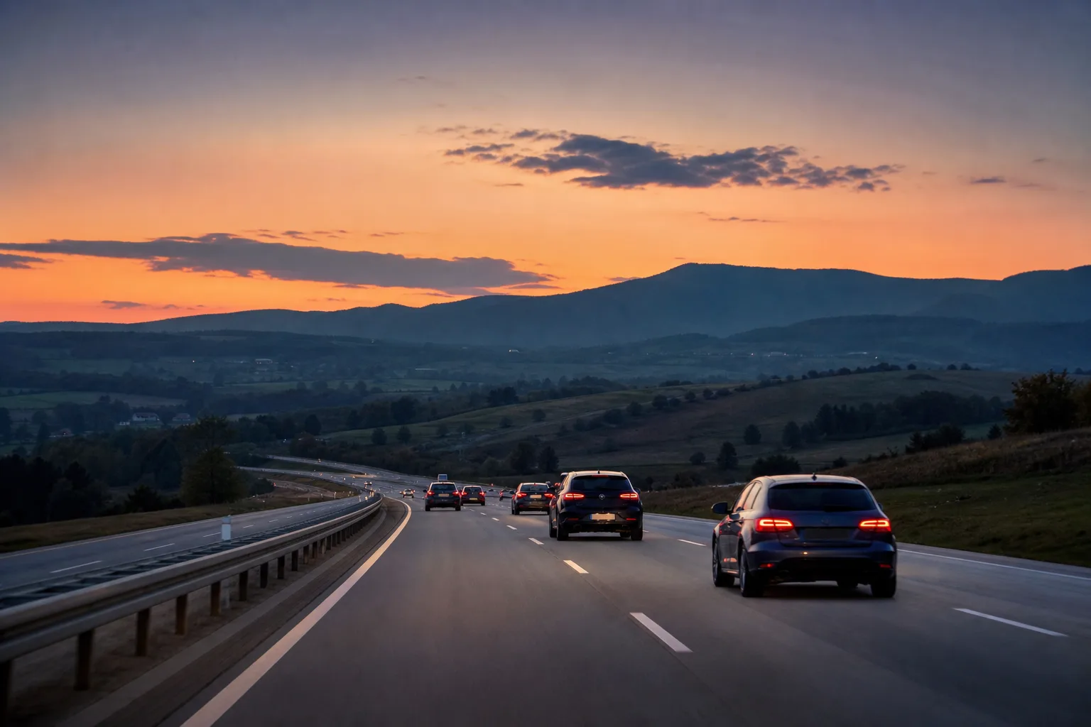 Autos passieren in der Abenddämmerung einen offenen Grenzübergang auf einer europäischen Autobahn – im EU-Roaming gilt der Inlandstarif weiter.