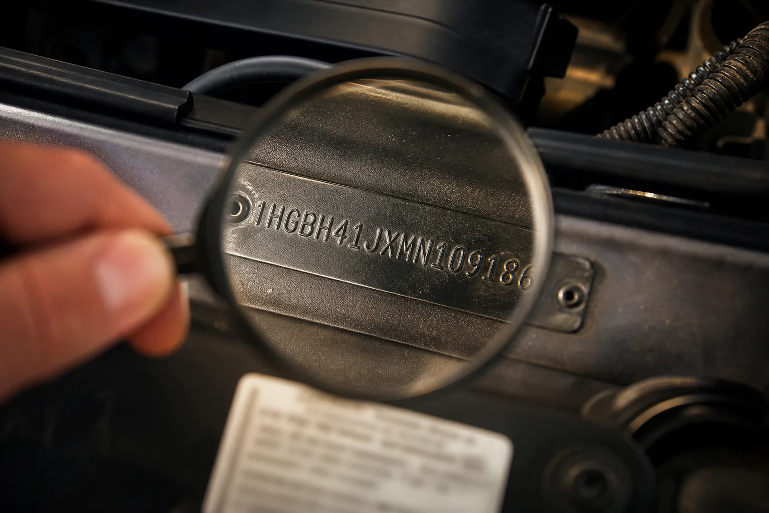Eine Hand hält eine Lupe über die eingeschlagene Fahrgestellnummer im Motorraum, um sie zu entschlüsseln.