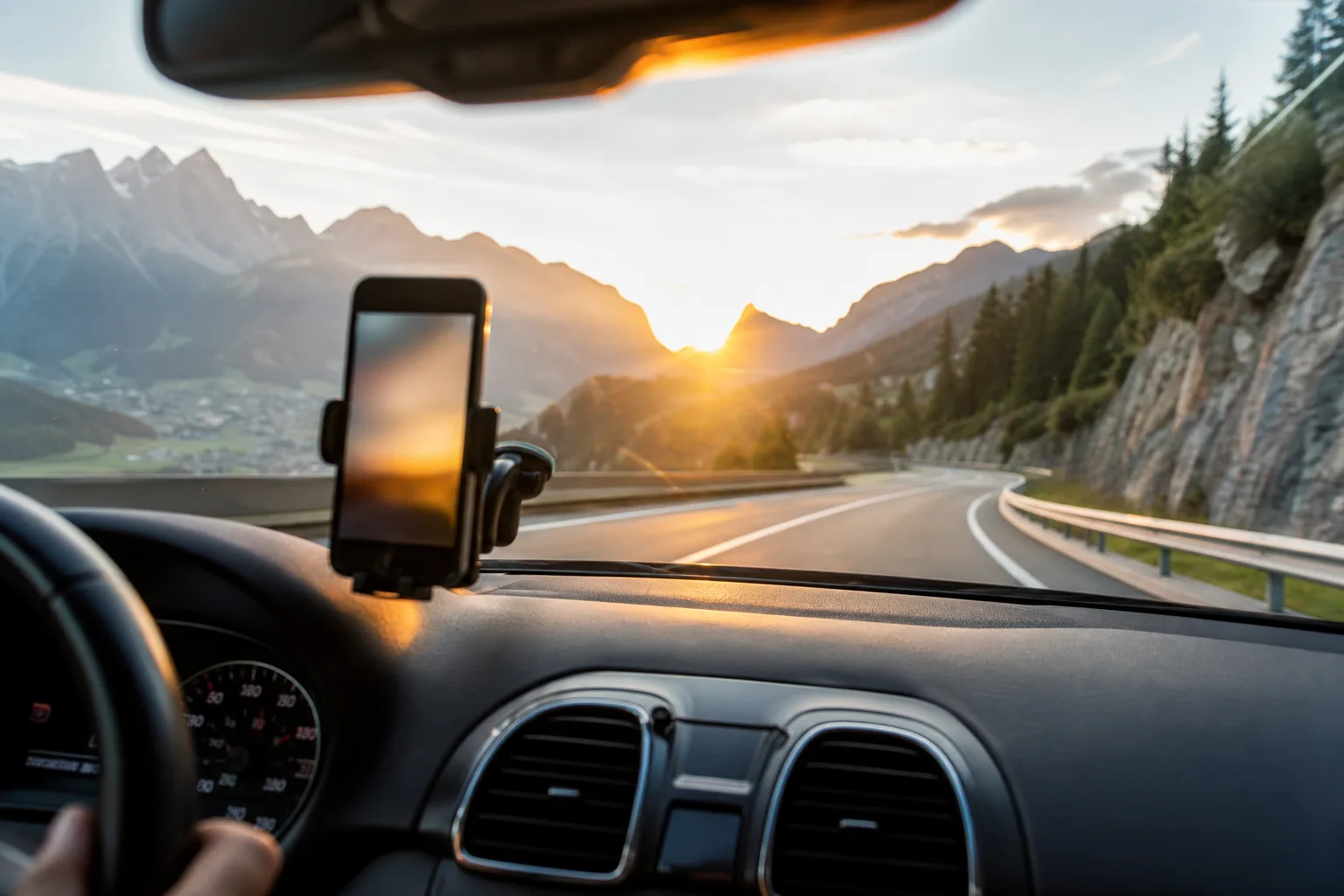 Smartphone in der Halterung am Armaturenbrett auf einer Bergautobahn – Internet im Ausland gehört auf dem Roadtrip zur Routenplanung.