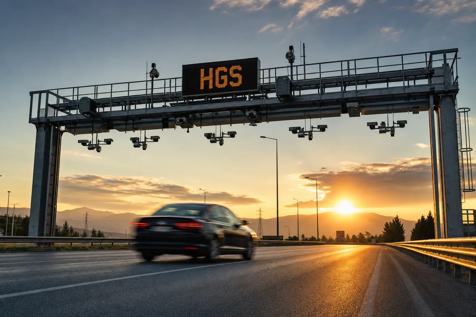 Ein Auto passiert im Abendlicht ein HGS-Mautportal ohne Schranke – wer die Maut in der Türkei nicht bezahlt, hat 15 Tage Zeit.