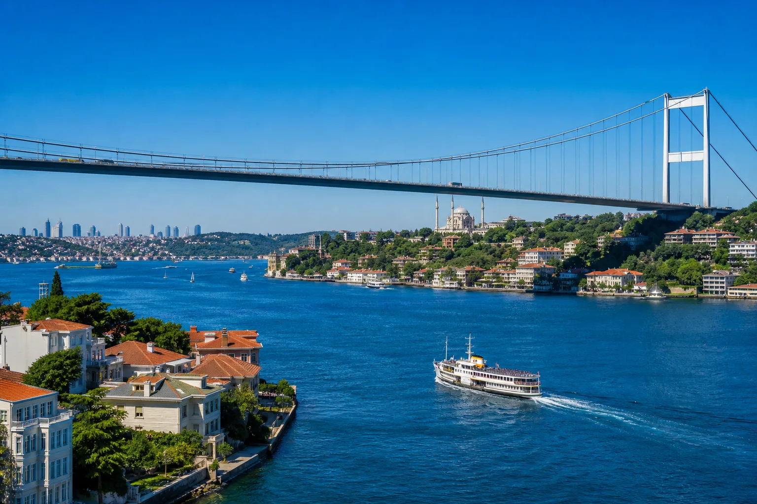 Die Bosporus-Brücke über der sonnigen blauen Meerenge in Istanbul, mit einer Fähre und Uferhäusern am Wasser – Schauplatz der Maut in der Türkei.