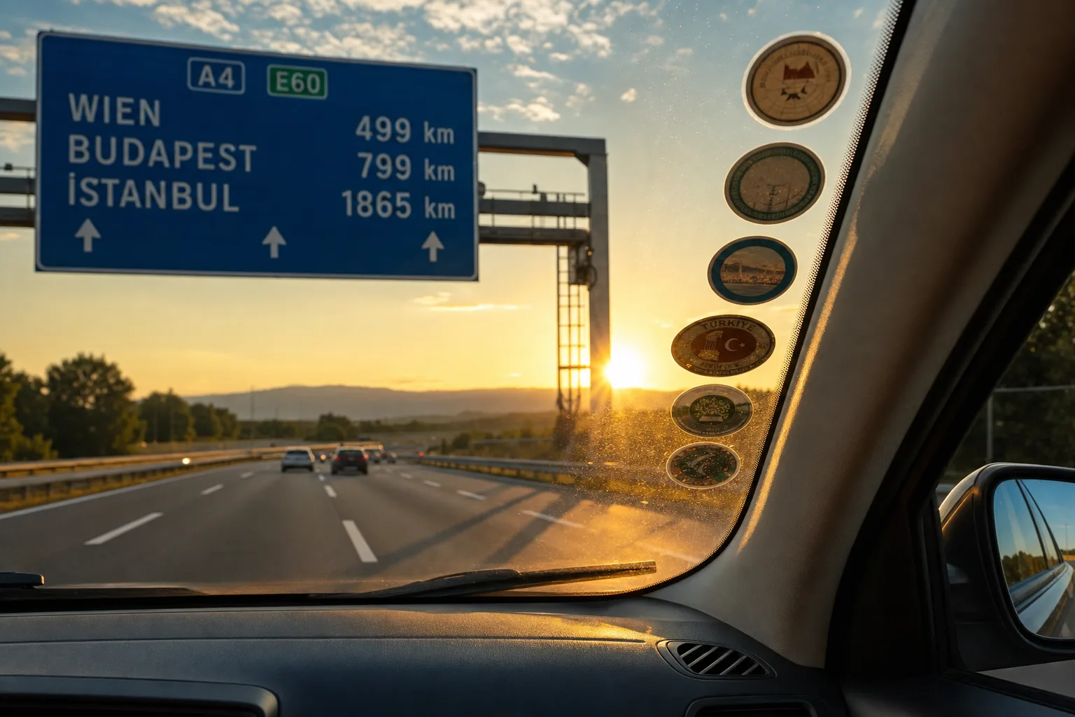 Ein Autobahnschild nennt die Entfernungen nach Wien, Budapest und İstanbul – die Vignetten- und Mautkette von Deutschland in die Türkei.