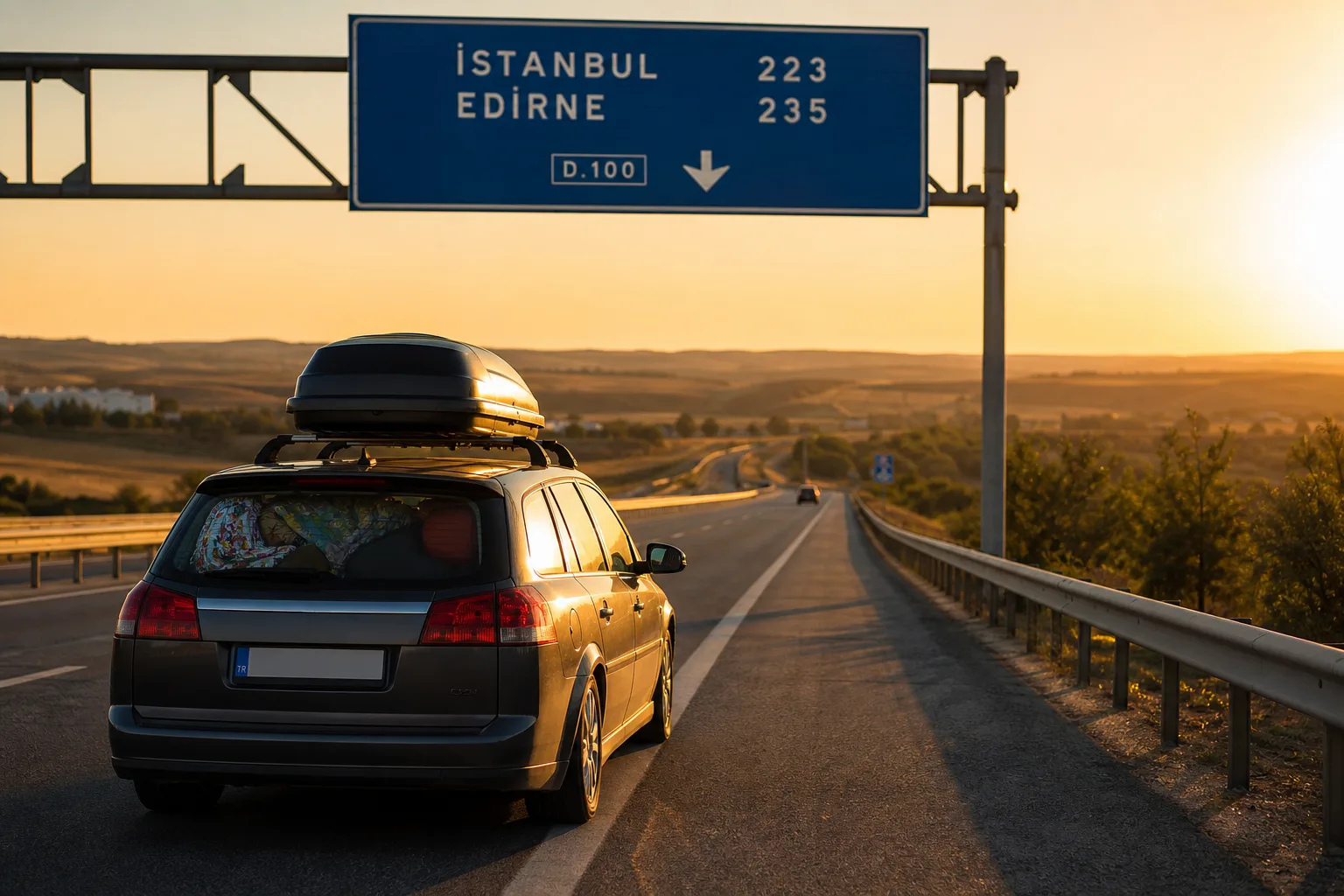 Ein bepacktes Auto mit Dachbox auf der Autobahn vor einem blauen Wegweiser nach İstanbul und Edirne – unterwegs mit dem Auto in die Türkei.