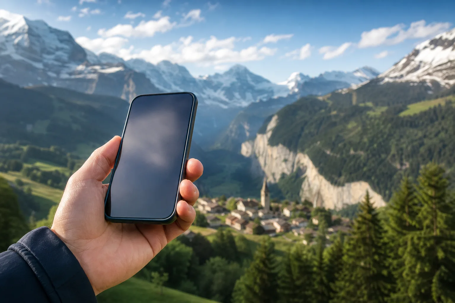 Eine Hand hält ein Smartphone vor dem Schweizer Alpenpanorama – in der Schweiz gilt die EU-Roaming-Regel nicht.