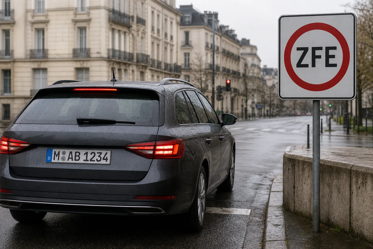 Ein deutsches Auto an der Grenze einer französischen Umweltzone, daneben das ZFE-Schild: Ohne Umweltplakette für Frankreich endet die Fahrt hier.