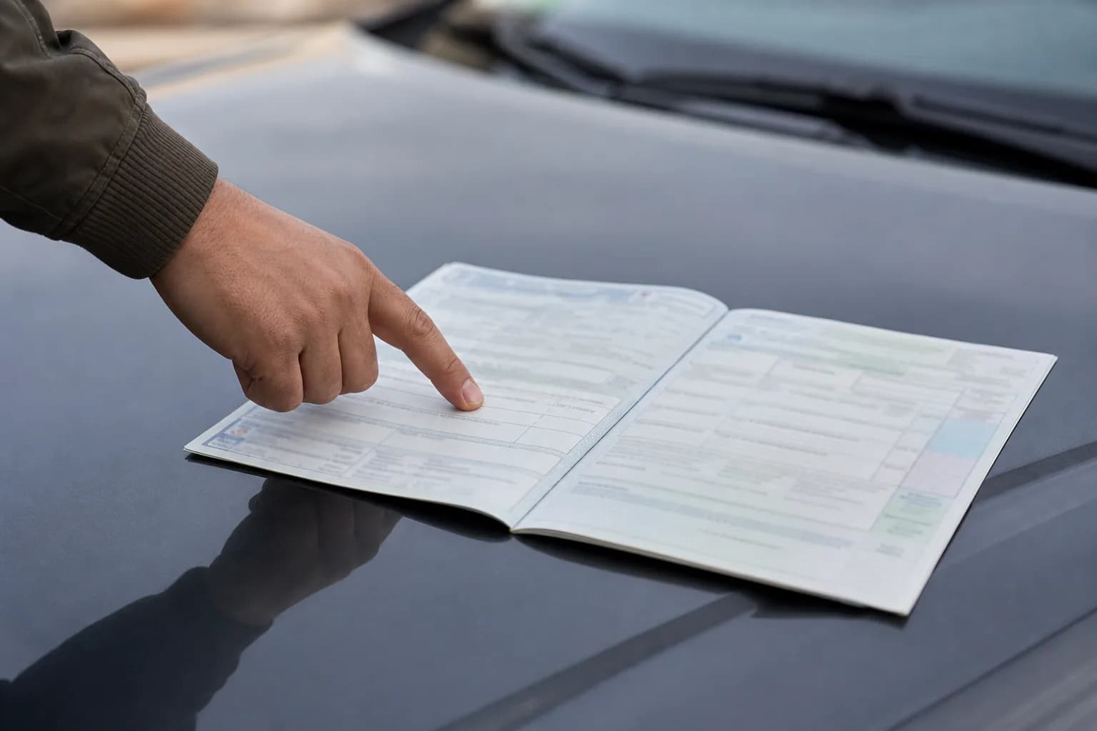Aufgeschlagene Zulassungsbescheinigung auf der Motorhaube, eine Hand zeigt auf ein Feld.
