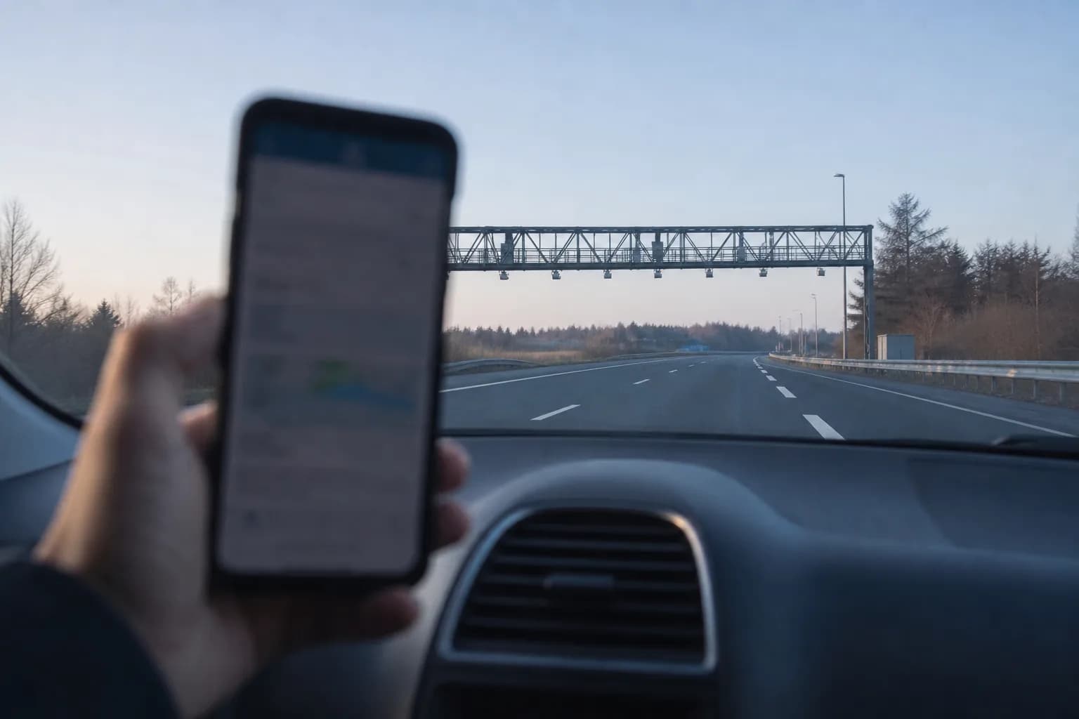 Hand mit Smartphone über dem Armaturenbrett, dahinter eine elektronische Mautbrücke.