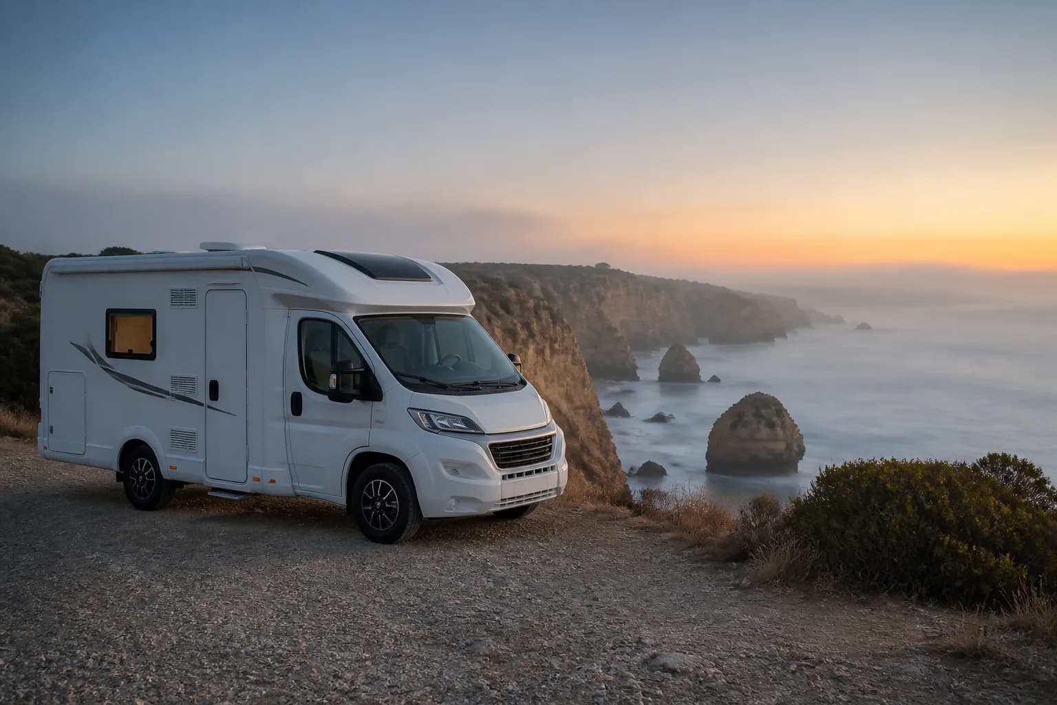 Weißes Wohnmobil steht im Morgengrauen auf einem Kiesplatz über den Klippen der Algarveküste, ein typischer Halt für alle, die mit dem Wohnmobil nach Portugal fahren.