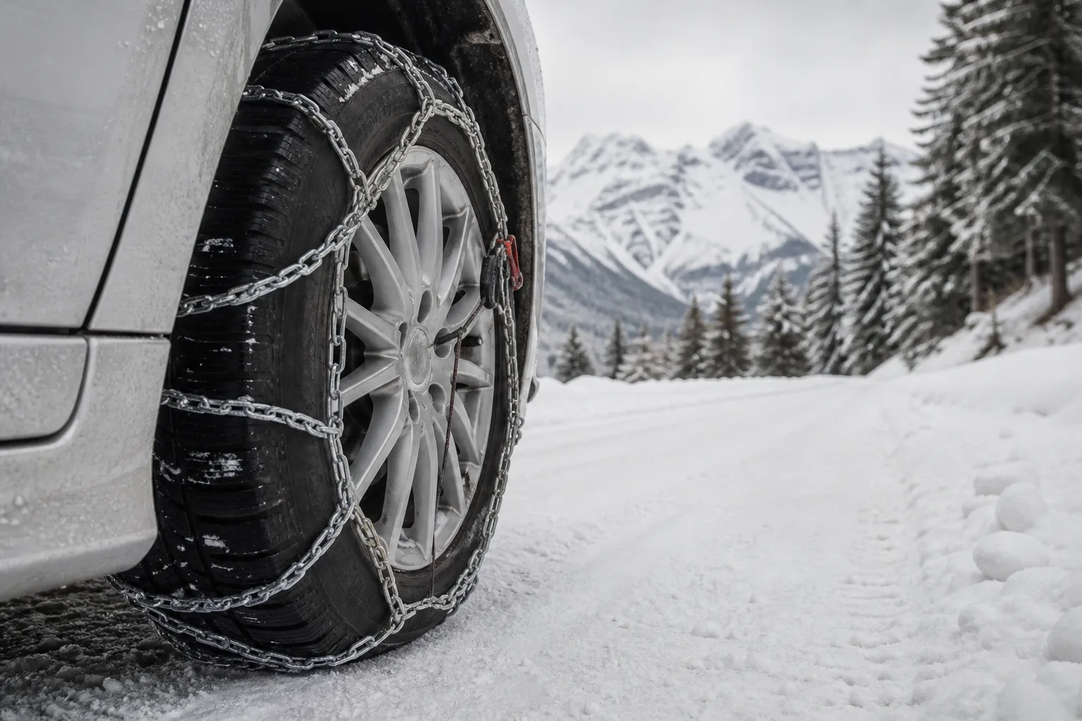 Vorderrad eines Autos mit montierten Schneeketten auf einer verschneiten Bergstraße in den Alpen.