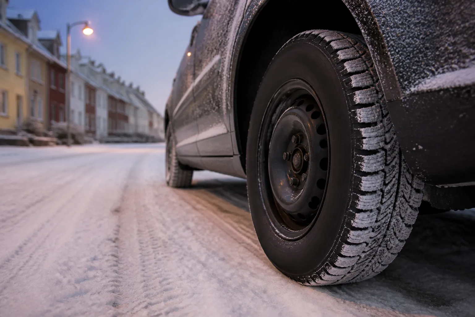Vorderrad eines Autos mit Winterreifen auf einer verschneiten Wohnstraße in Deutschland an einem frostigen Morgen.