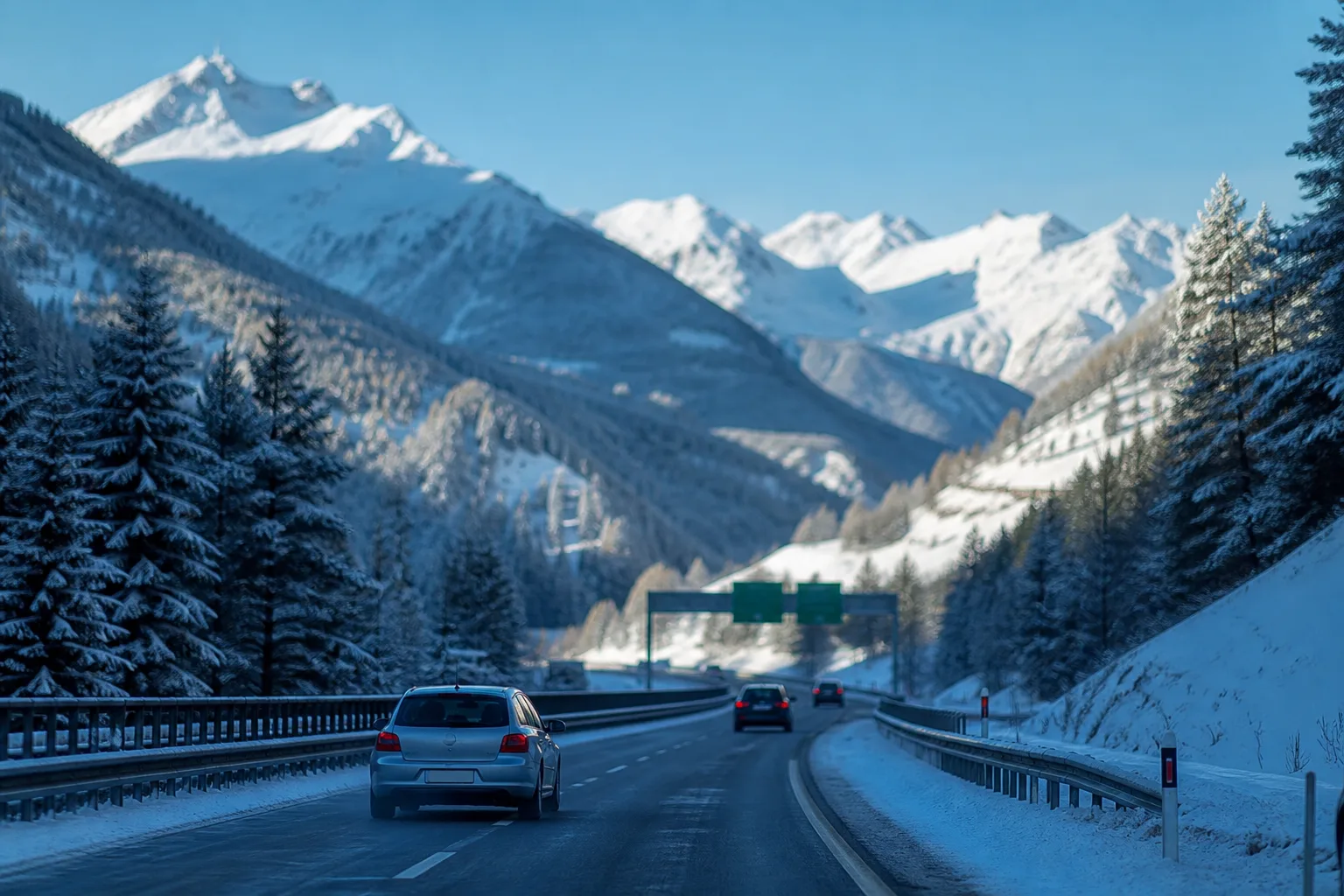 Autos auf einer geräumten Autobahn durch ein verschneites Alpental in Südtirol, im Hintergrund eine grüne italienische Schilderbrücke.