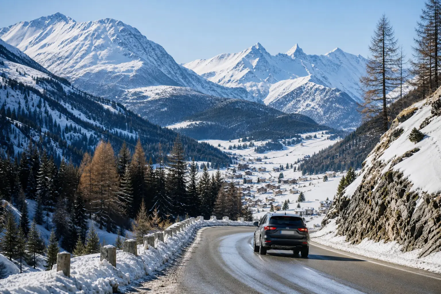 Auto auf einer Passstraße in den Schweizer Alpen im Winter, im Tal ein verschneites Dorf.