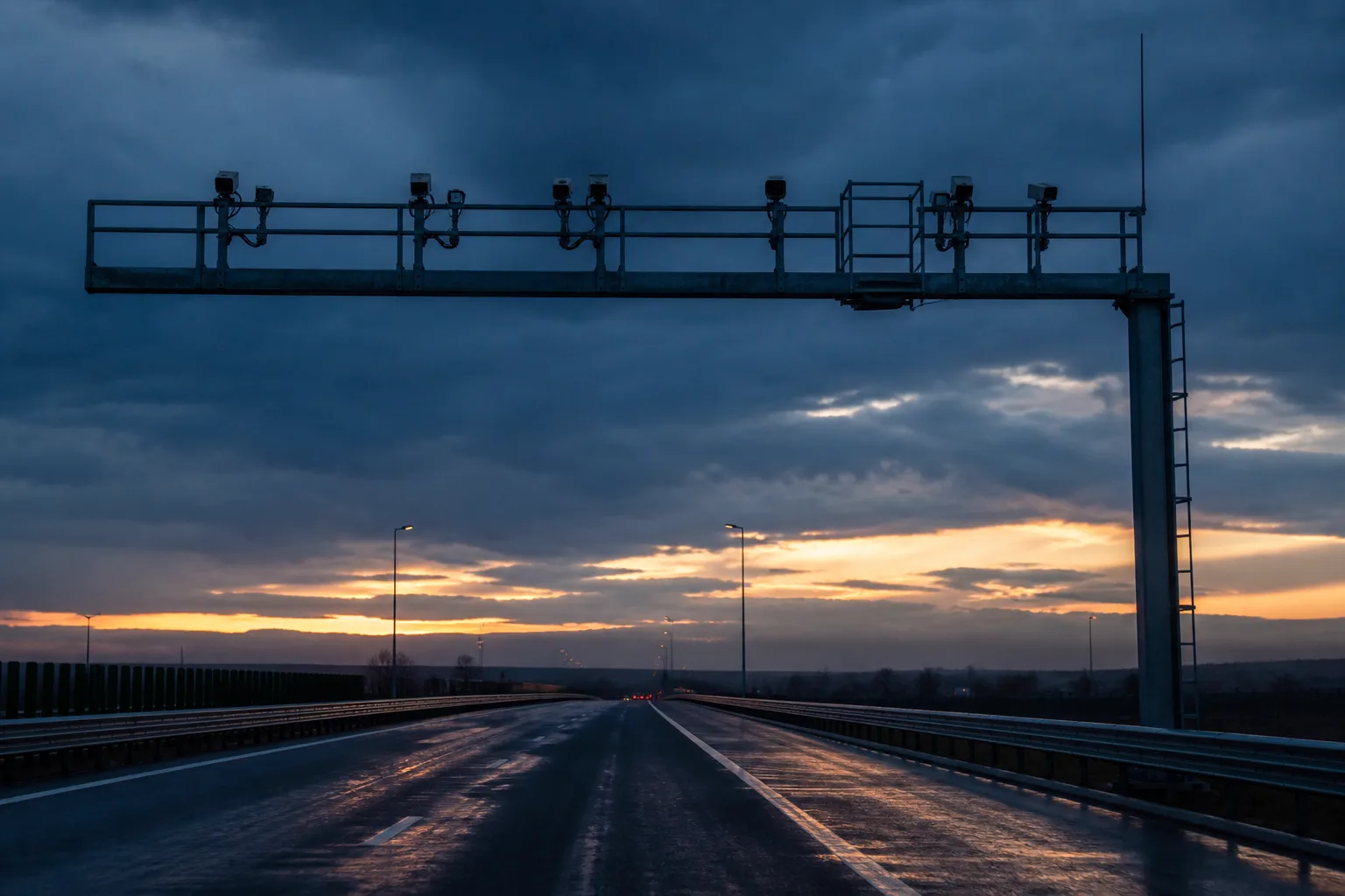 Autostradă din România la apus, cu un portic de monitorizare conturat pe cerul întunecat.