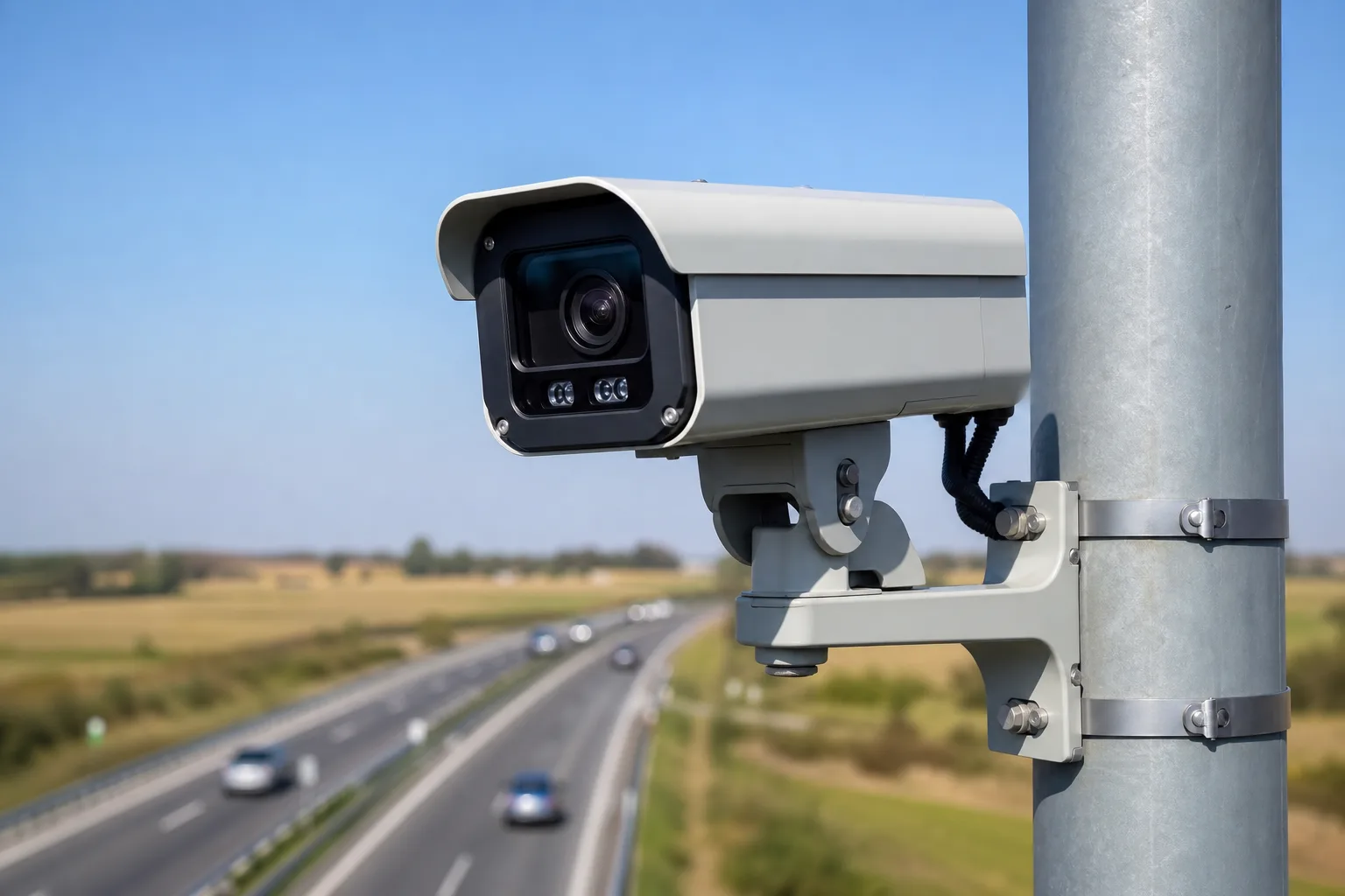 Cameră de recunoaștere automată a numerelor de înmatriculare, montată pe un stâlp deasupra unui drum național.