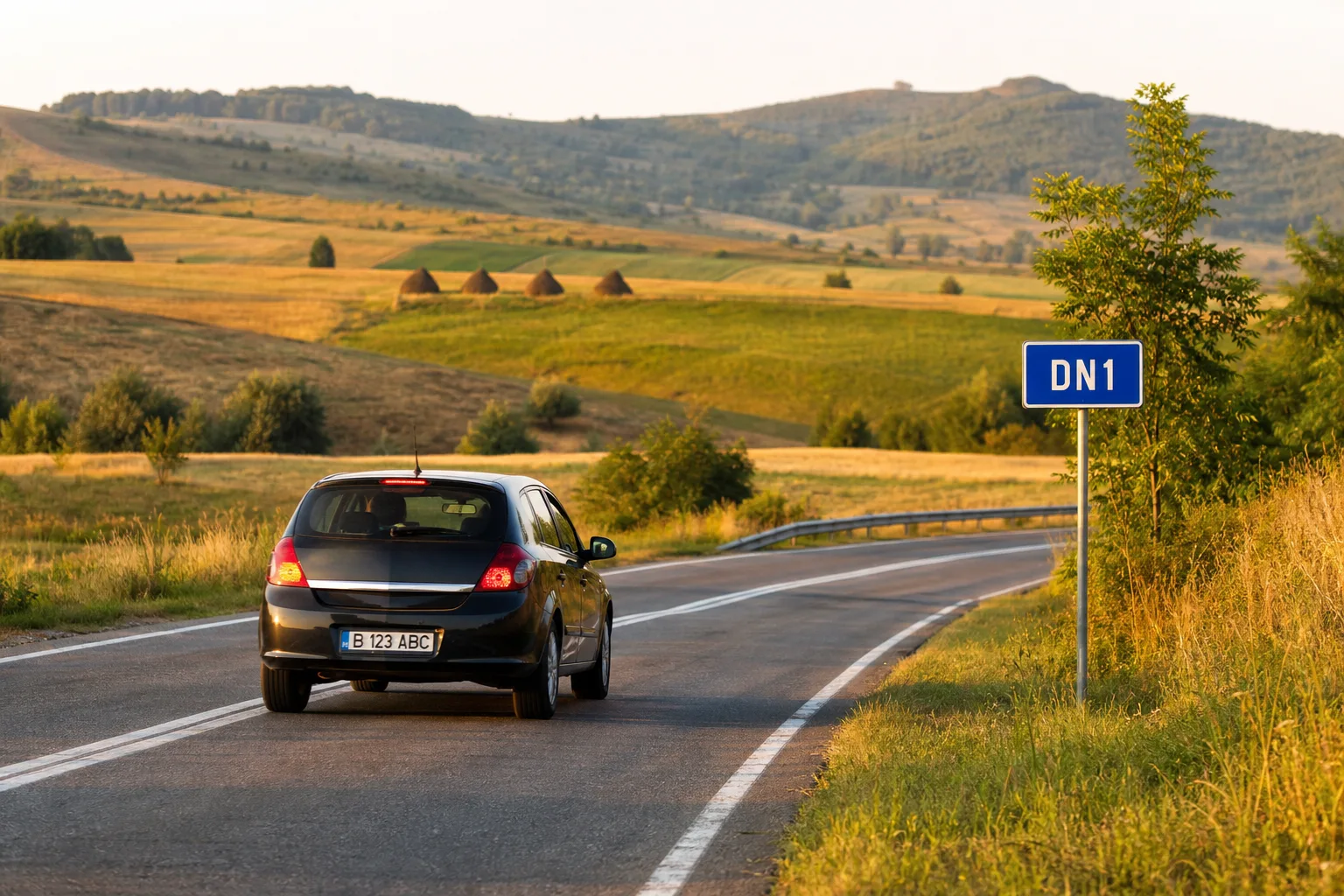 Mașină pe un drum național din România, lângă un indicator DN1, în lumina după-amiezii.