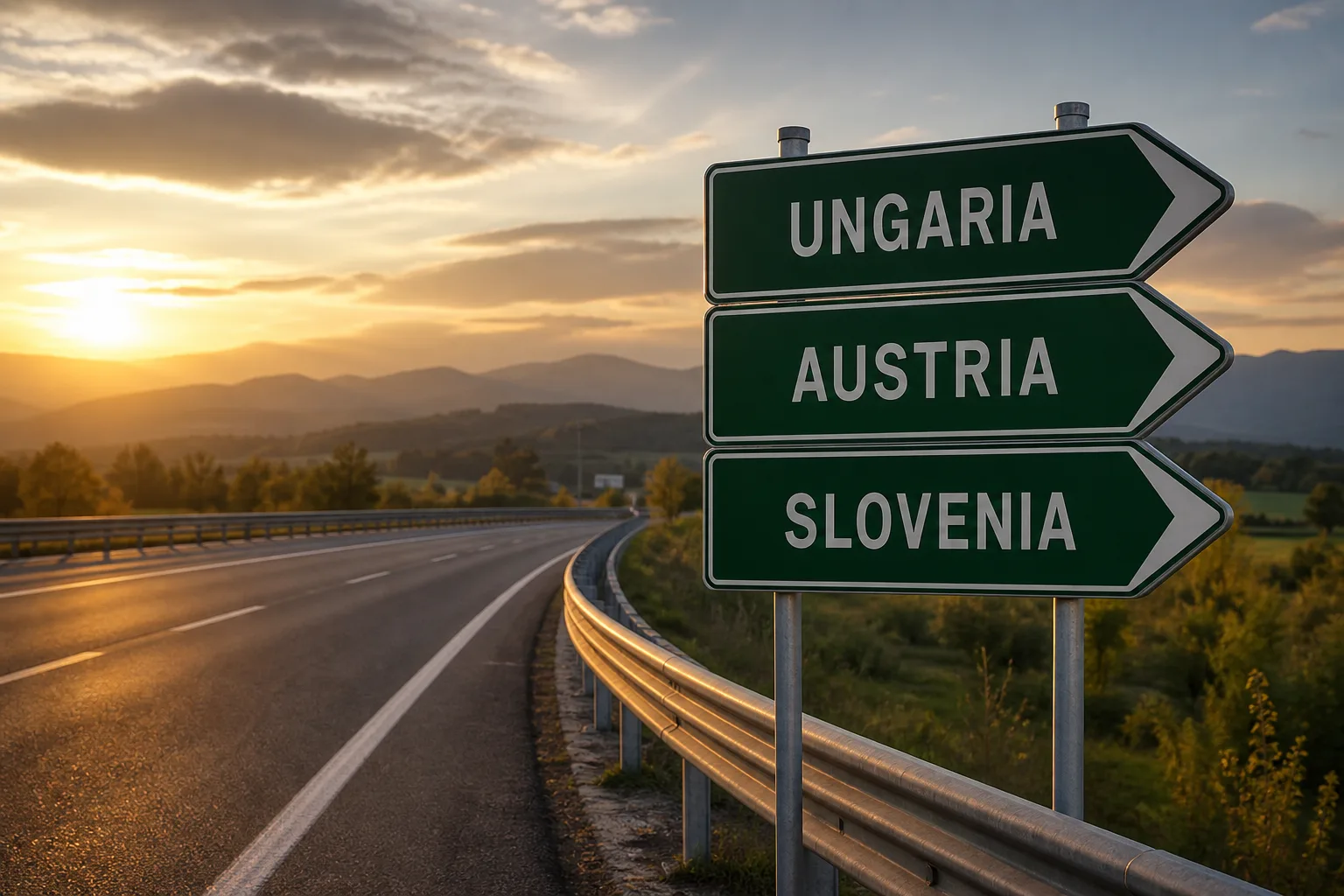 Indicator rutier cu direcțiile spre Ungaria, Austria și Slovenia, fotografiat la apus.