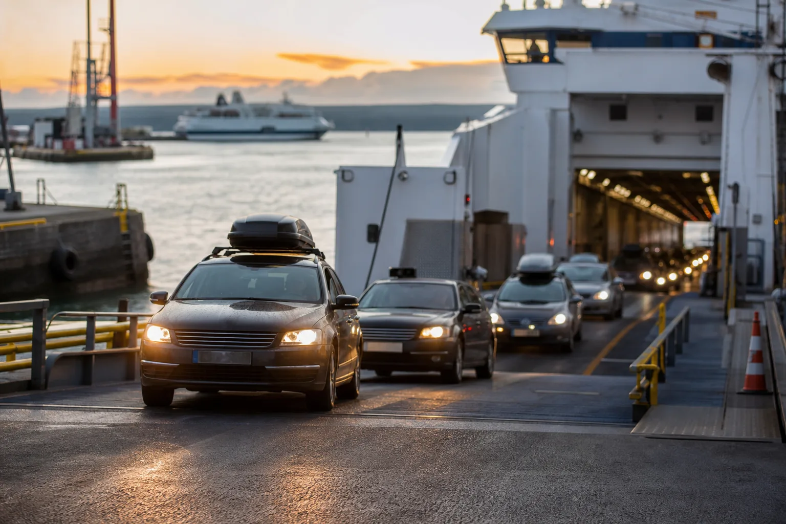 Cars roll down a ferry ramp at a European port at dawn, the moment a trip crosses between countries that drive on the left and the right.