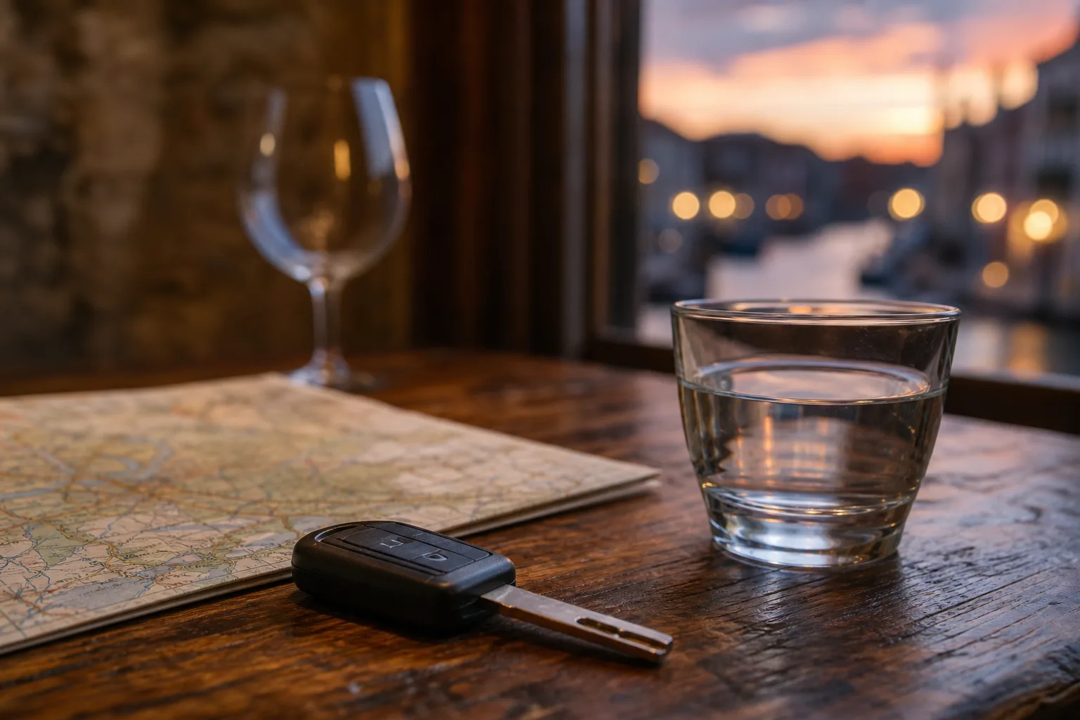 Car keys beside water and a road map at a dinner table, the choice behind every drink-driving limit in Europe.