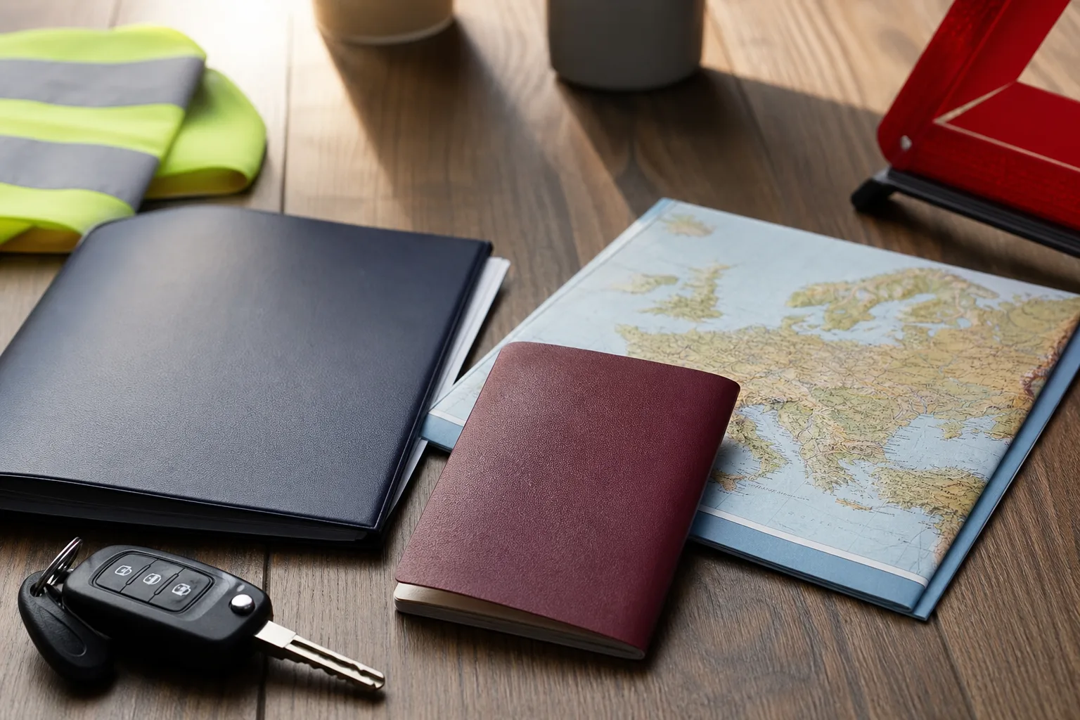 Passport, map, insurance folder, and car keys laid out before a trip, the documents driving in Europe requires.