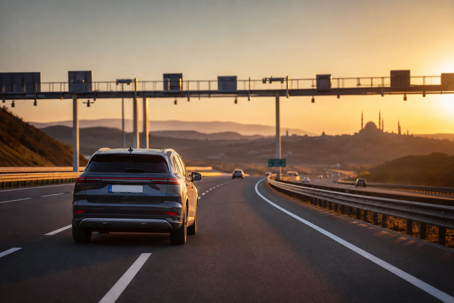 A car with European plates driving in Turkey on a modern motorway at golden hour, a toll gantry ahead and Anatolian hills on the horizon.