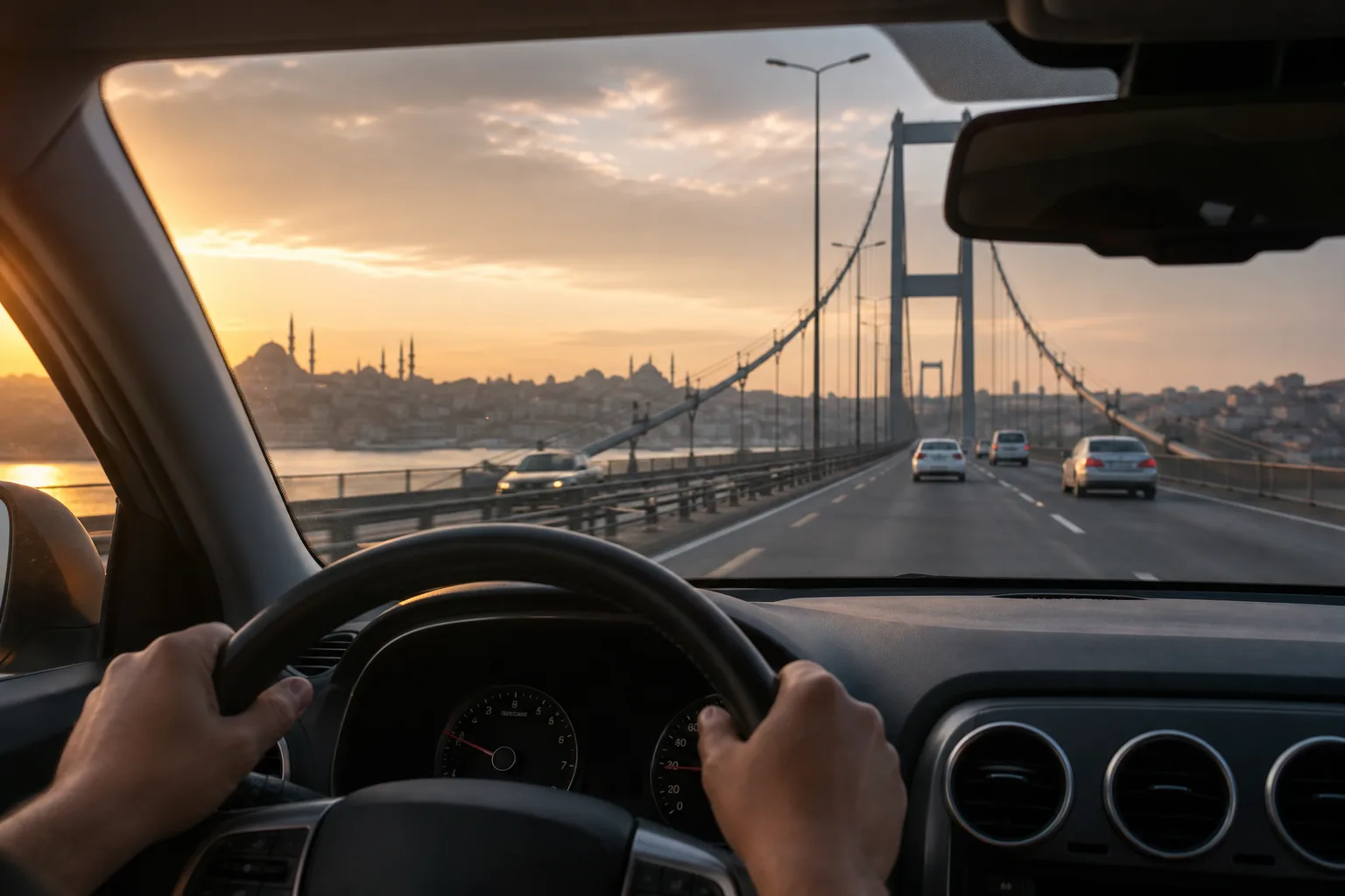 Driver's hands on the wheel crossing the Bosphorus bridge at sunset — driving in Turkey on a foreign licence.