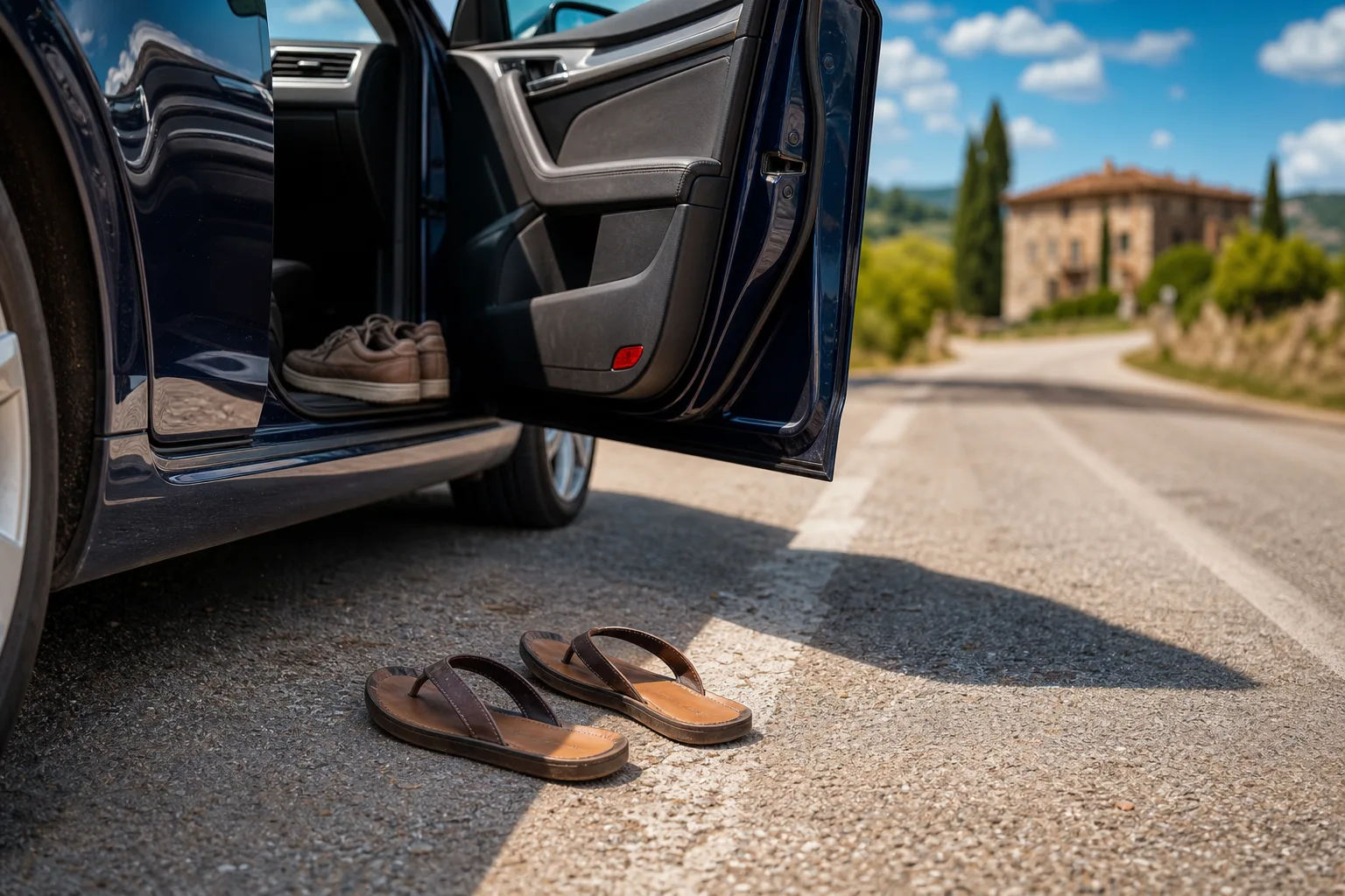 Leather flip flops kicked off on the asphalt beneath the open door of a car parked on a sunny rural road, with laced trainers waiting in the footwell above them, the everyday version of the question of whether it is illegal to drive in flip flops.