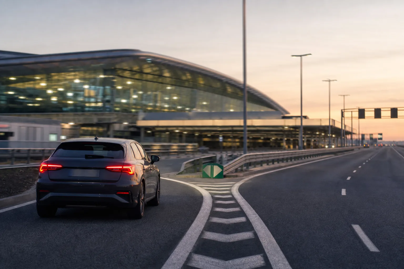 A car leaving an airport access road at dusk, with the terminal glass blurred behind and empty motorway ahead.