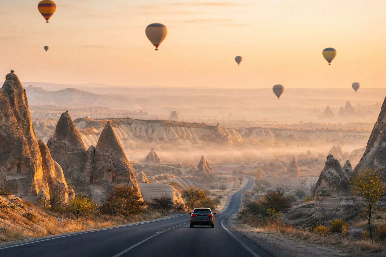 A car on the road winding into the Cappadocia valley at sunrise, hot air balloons overhead — the reward at the end of the Istanbul to Cappadocia drive.