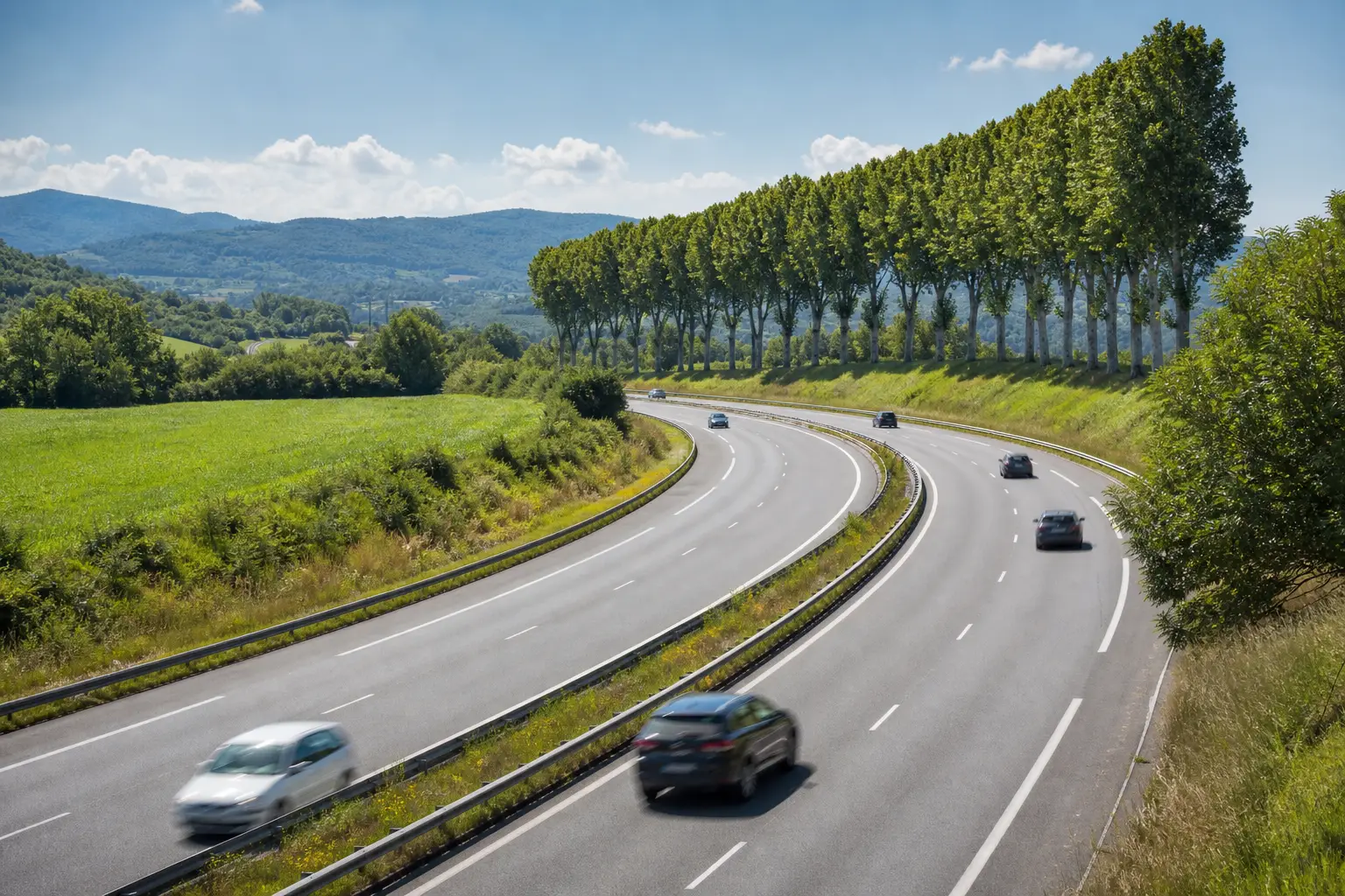 A French autoroute curving through green countryside past a row of tall plane trees, illustrating France's motorway speed limits.