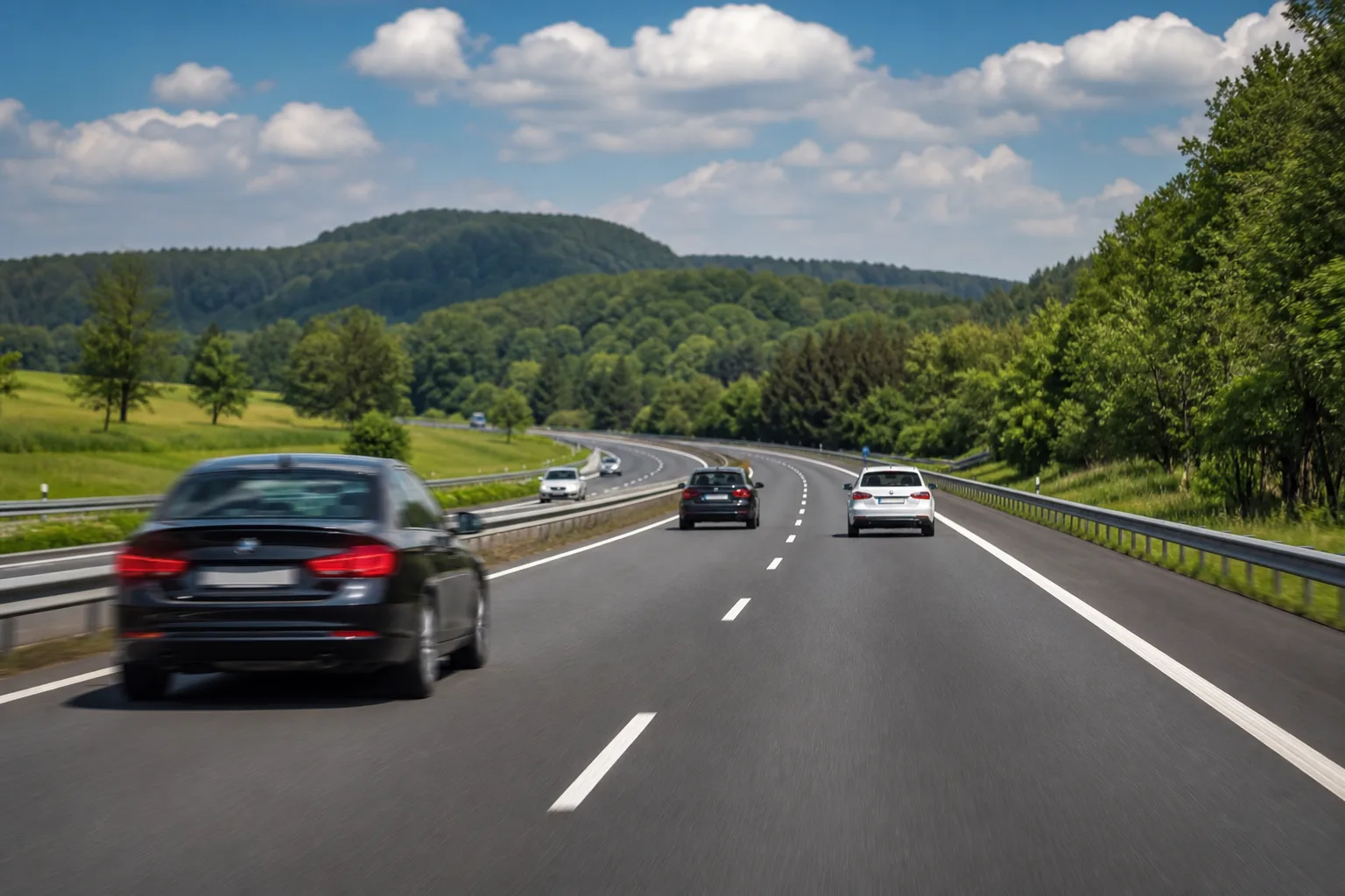 Cars driving on a German autobahn winding through green forested hills under a blue sky, evoking Germany's open speed limits.