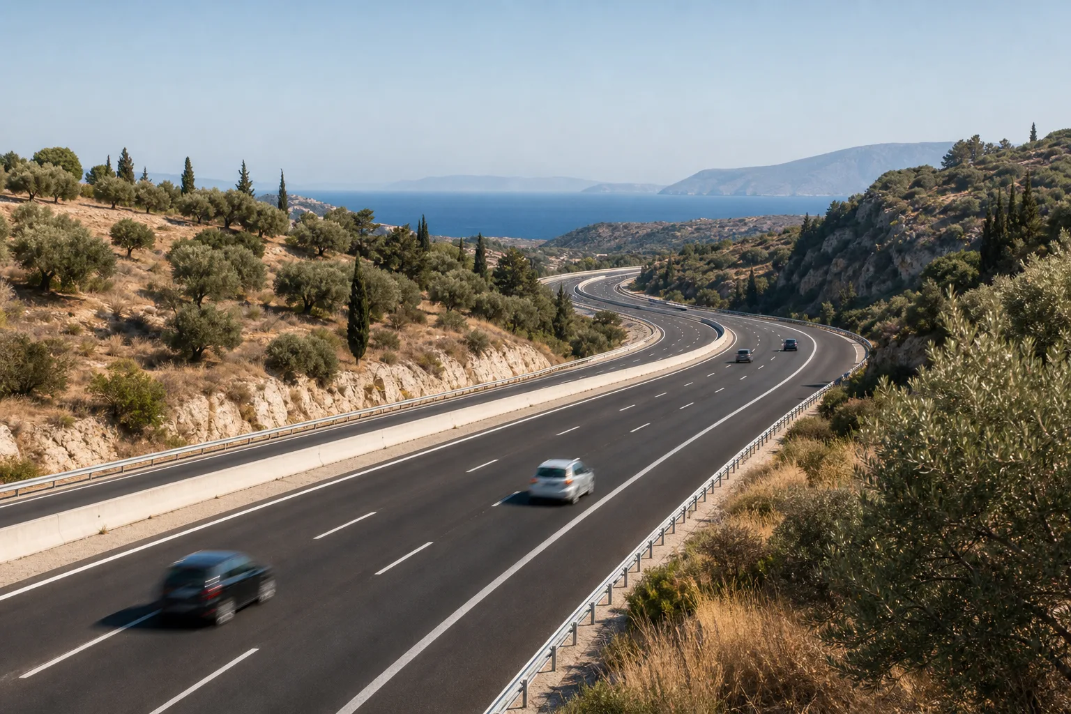 A Greek motorway winding through olive-covered hills toward the blue Aegean sea, evoking Greece's motorway speed limits.