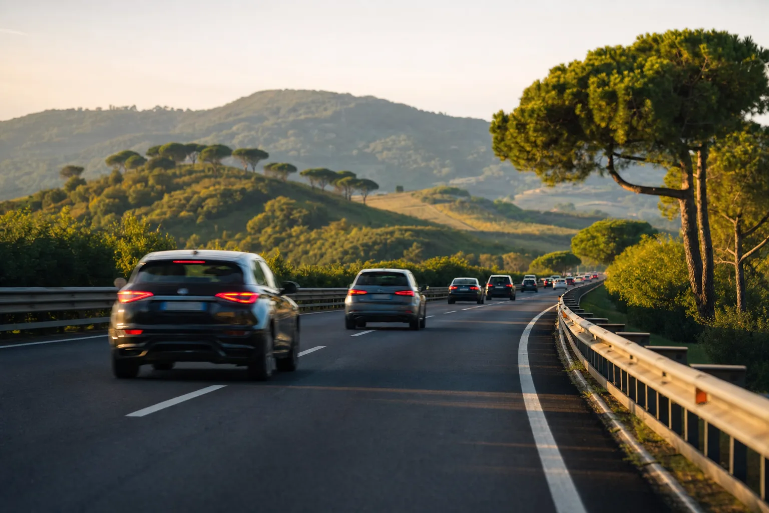 Cars on an Italian autostrada driving away through green hills with umbrella pines at sunset, evoking Italy's speed limits.