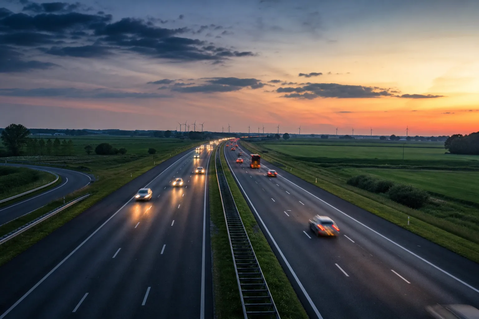 Evening traffic on a Dutch motorway at dusk, around the hour the speed limit in the Netherlands switches from 100 km/h to 130.