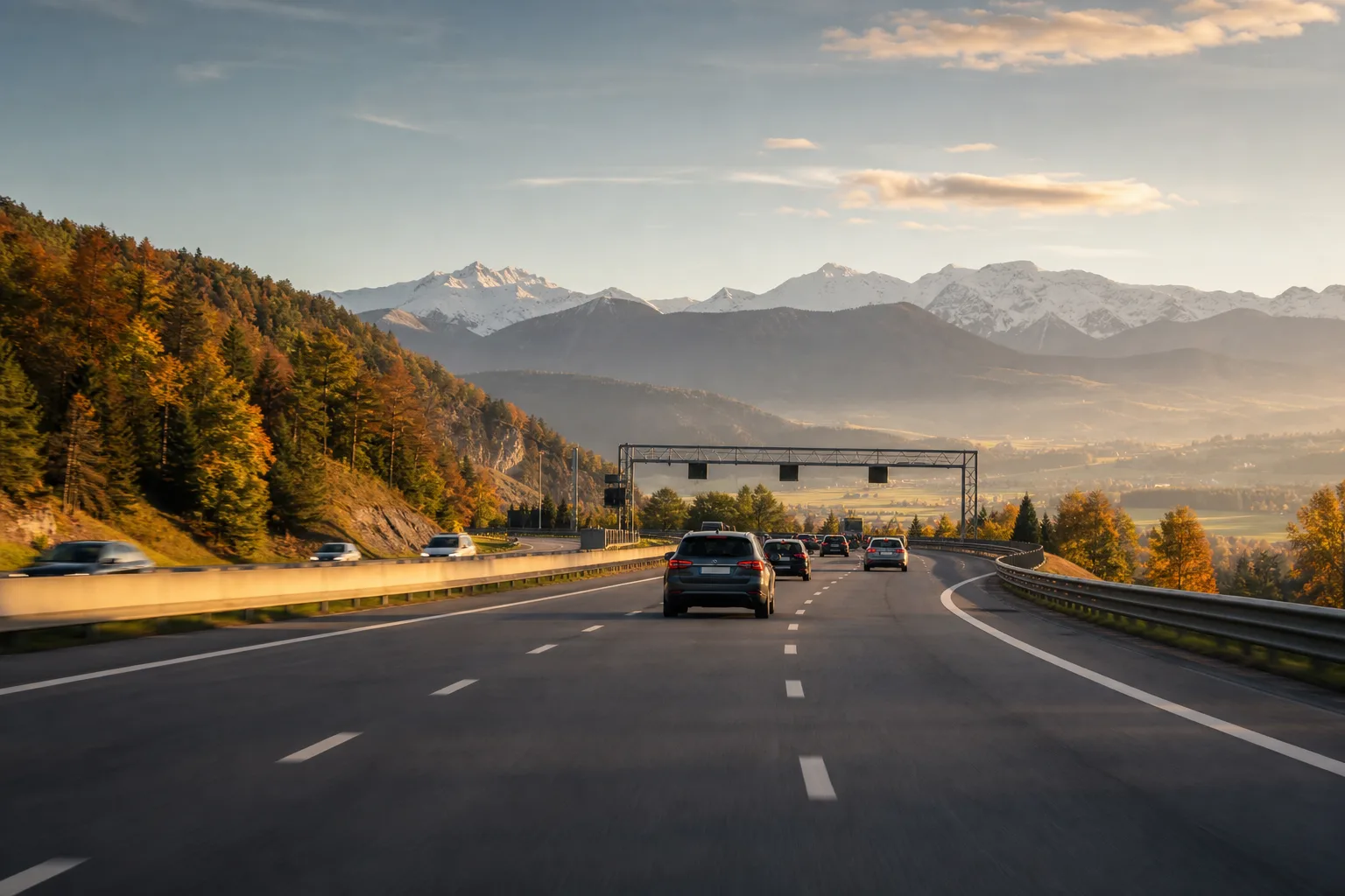 Cars follow a sweeping alpine motorway at golden hour, the kind of cross-border route where speed limits in Europe change at every border.